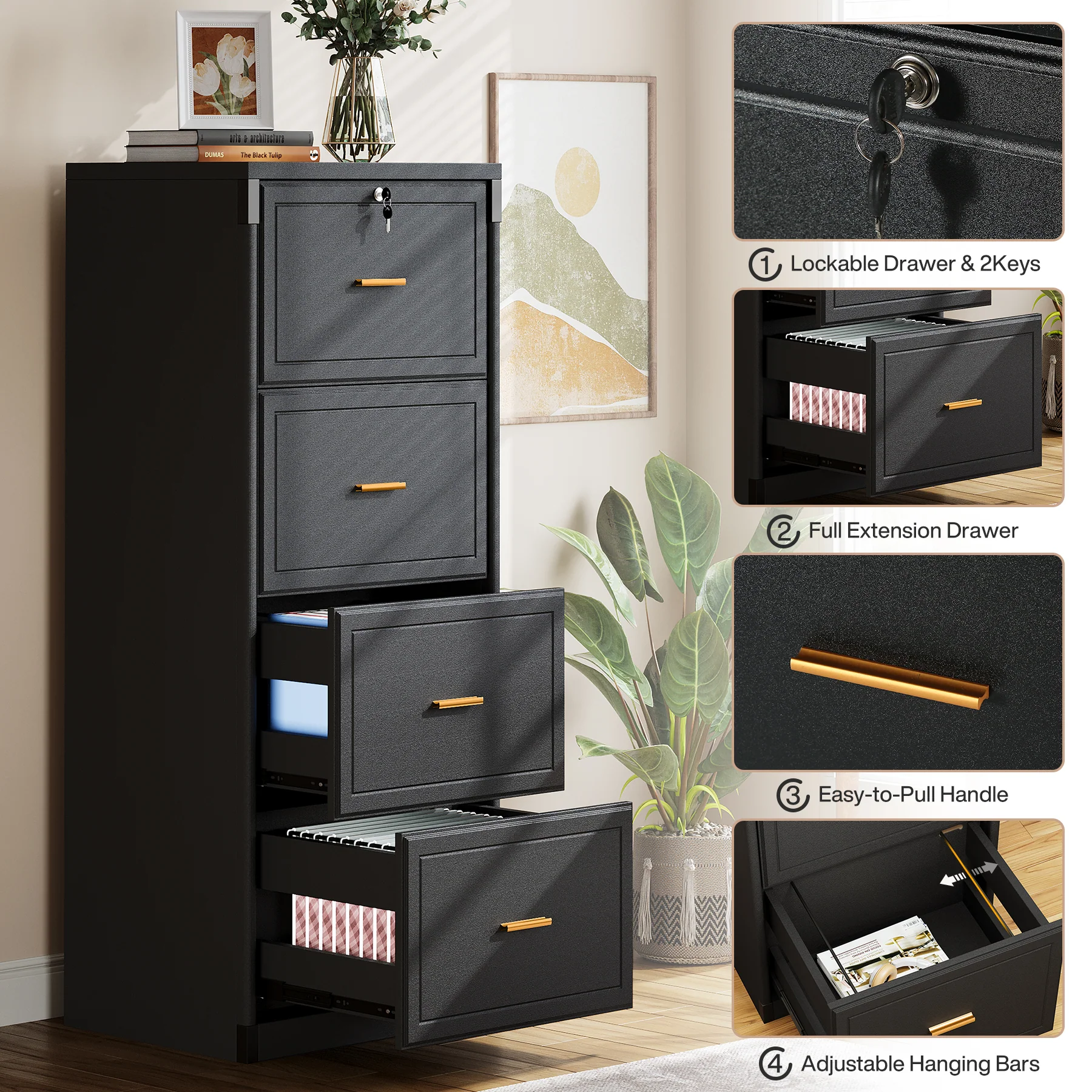 51" File Cabinet, Vertical Filing Cabinet with 4 Storage Drawers - Image 4