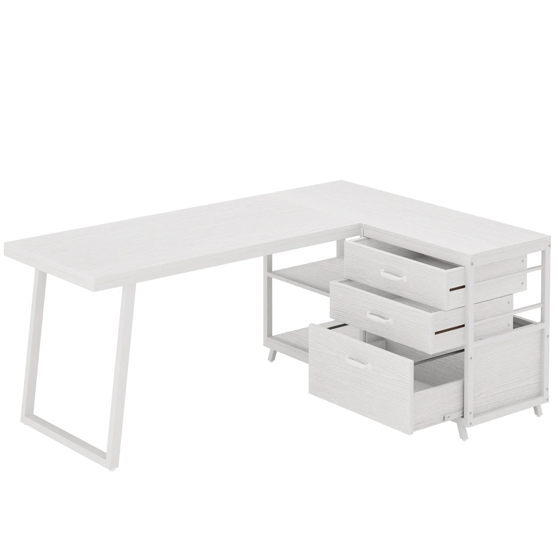 53" Reversible L-Shaped Computer Desk With 3 Drawers & Shelves - Image 11