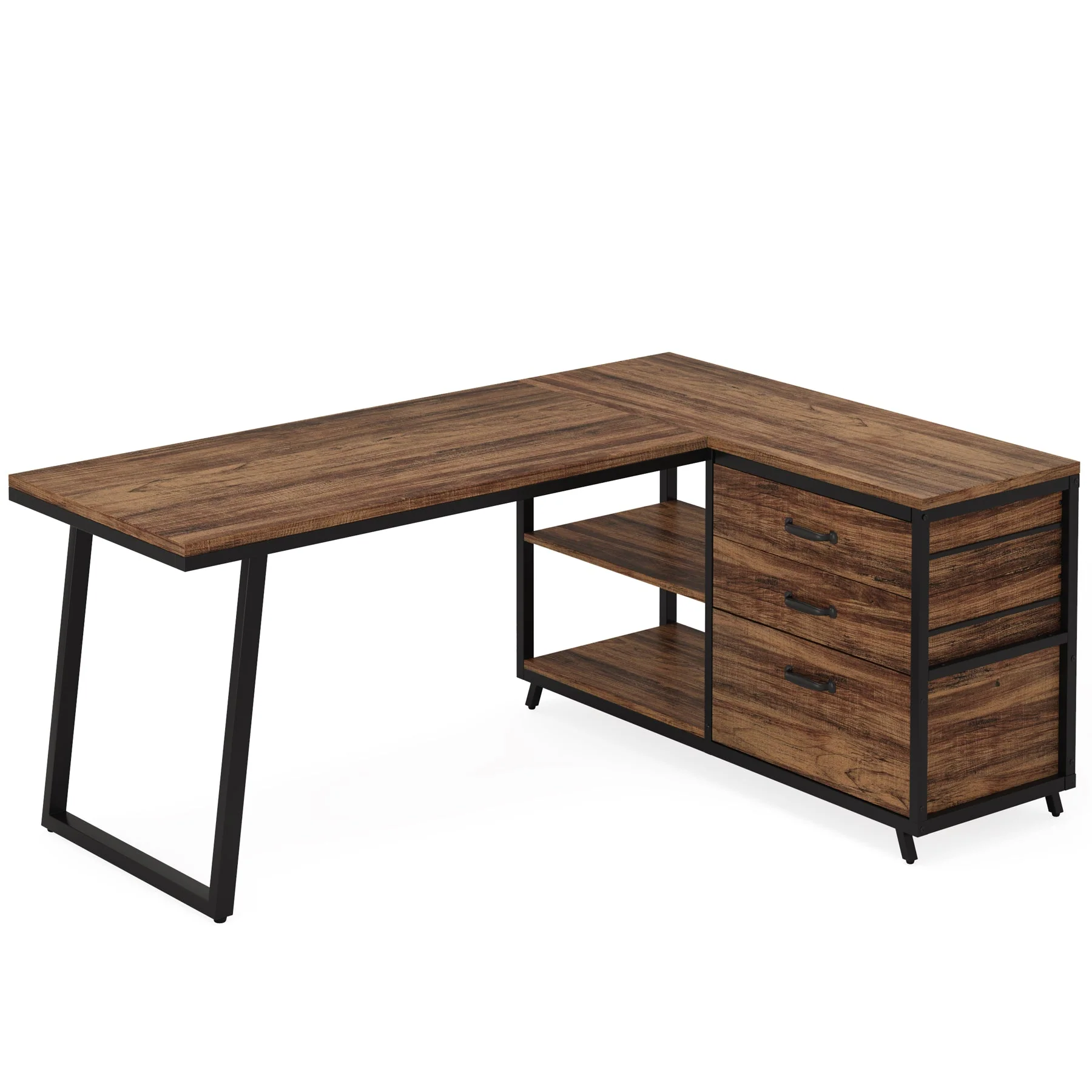 53" Reversible L-Shaped Computer Desk With 3 Drawers & Shelves - Image 12