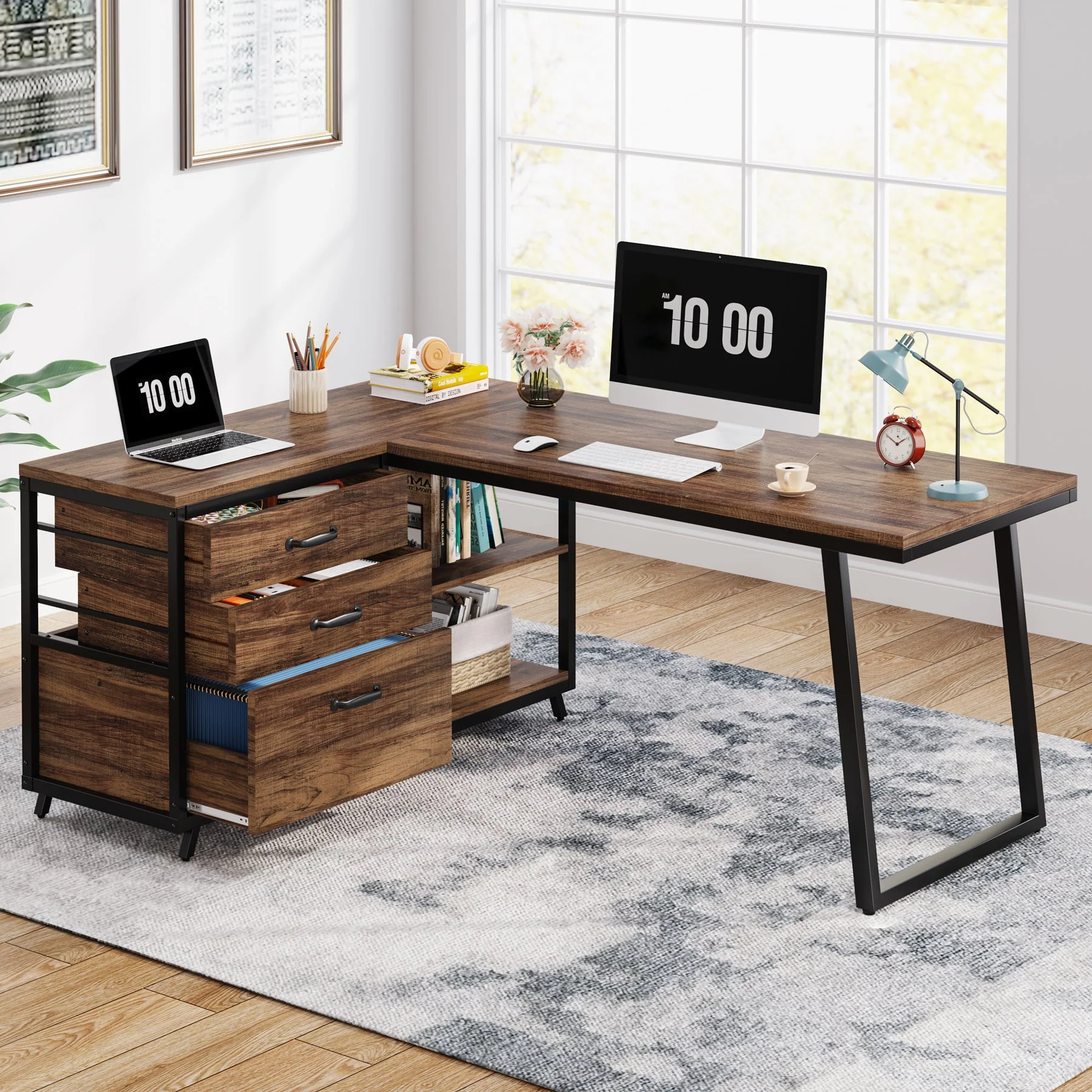 53" Reversible L-Shaped Computer Desk With 3 Drawers & Shelves - Image 3