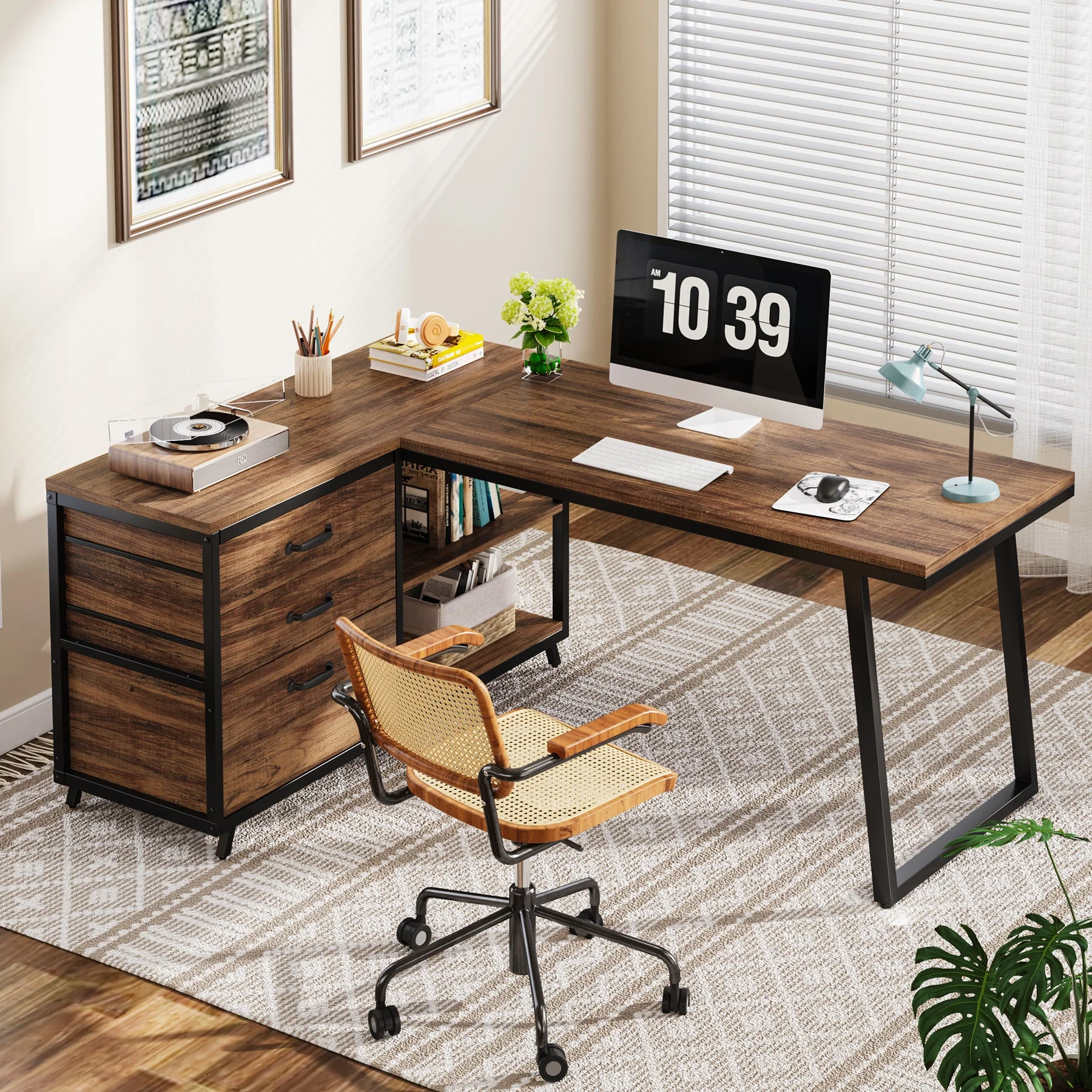 53" Reversible L-Shaped Computer Desk With 3 Drawers & Shelves - Image 4
