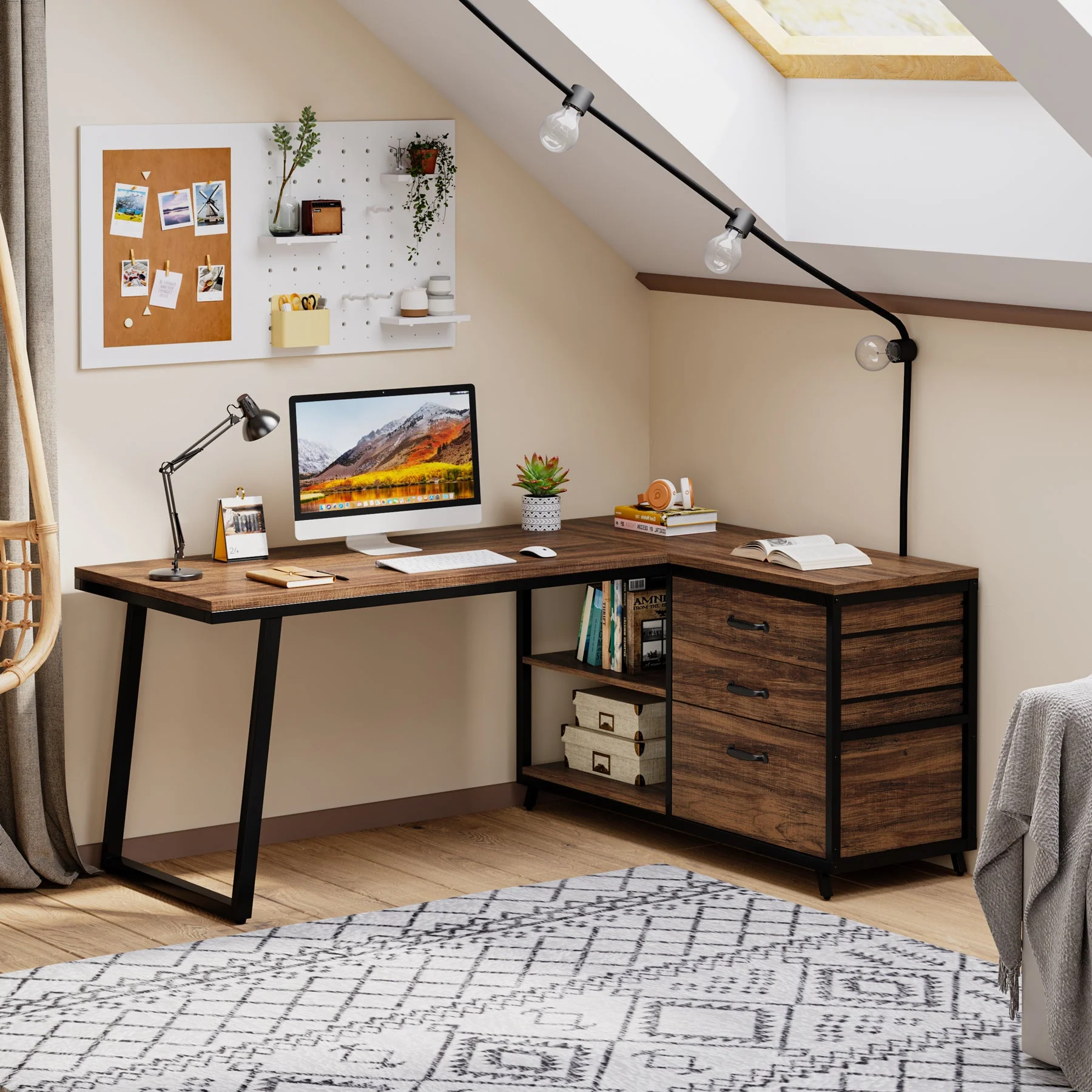 53" Reversible L-Shaped Computer Desk With 3 Drawers & Shelves - Image 5