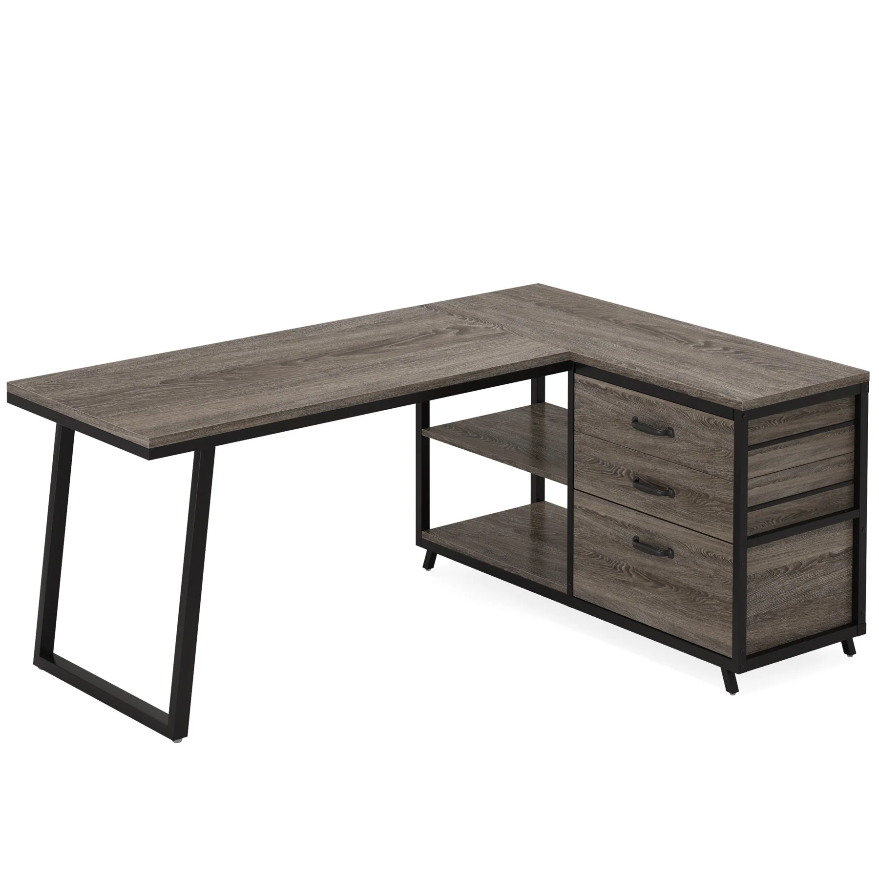53" Reversible L-Shaped Computer Desk With 3 Drawers & Shelves - Image 9