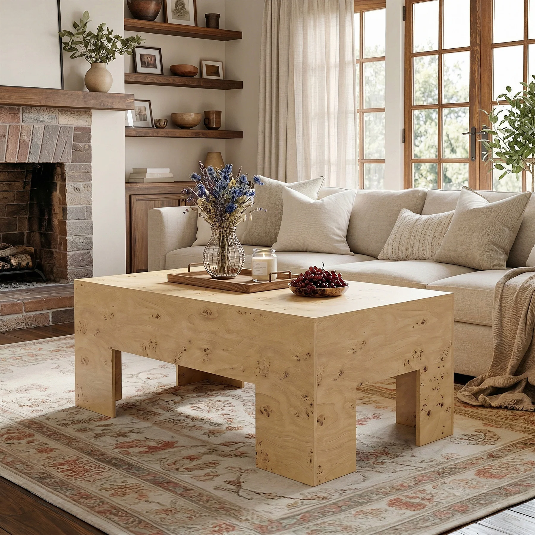 Tribesigns 55.12" Wood Coffee Table, Burl Veneer Center Table for Living Room
