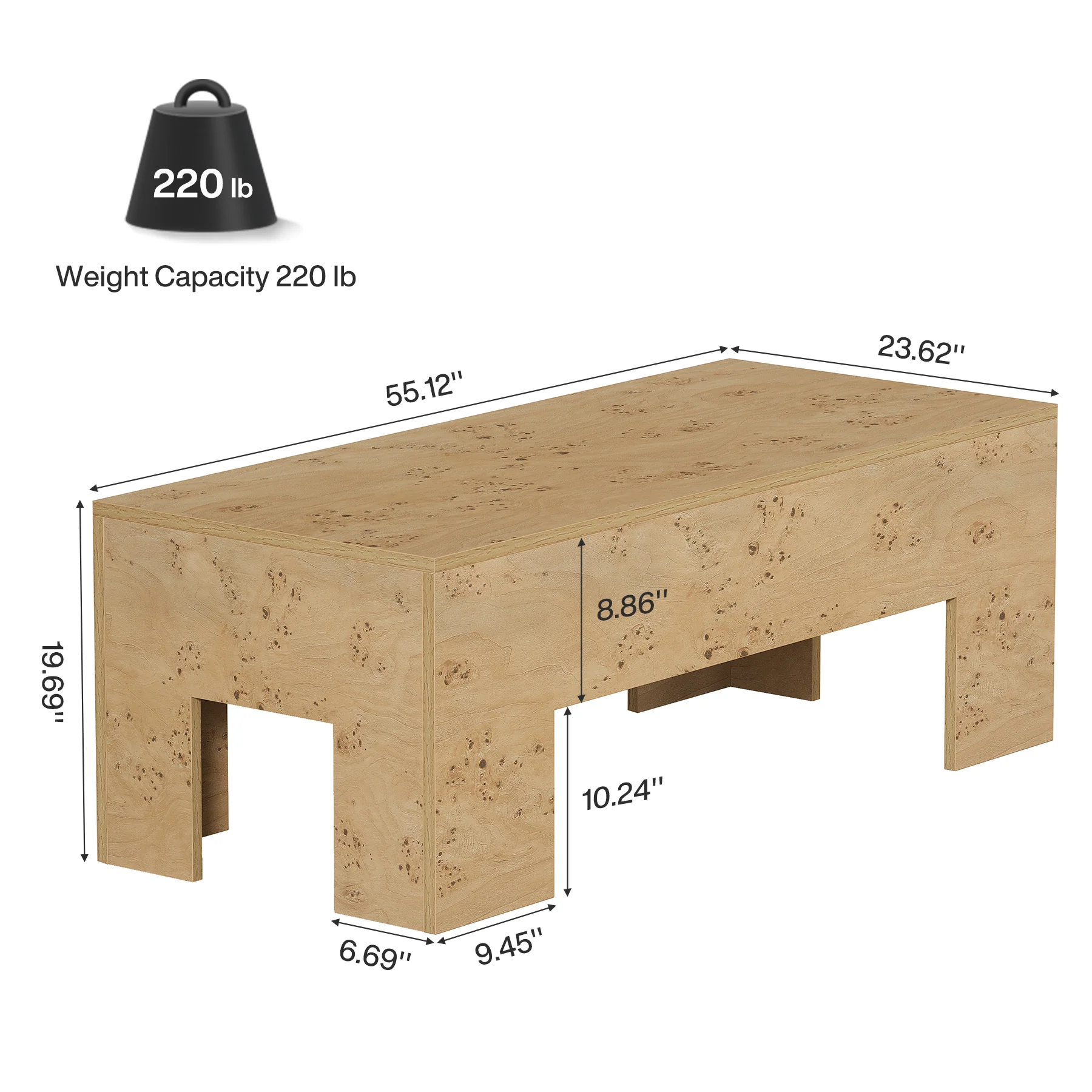 Tribesigns 55.12" Wood Coffee Table, Burl Veneer Center Table for Living Room - Image 2