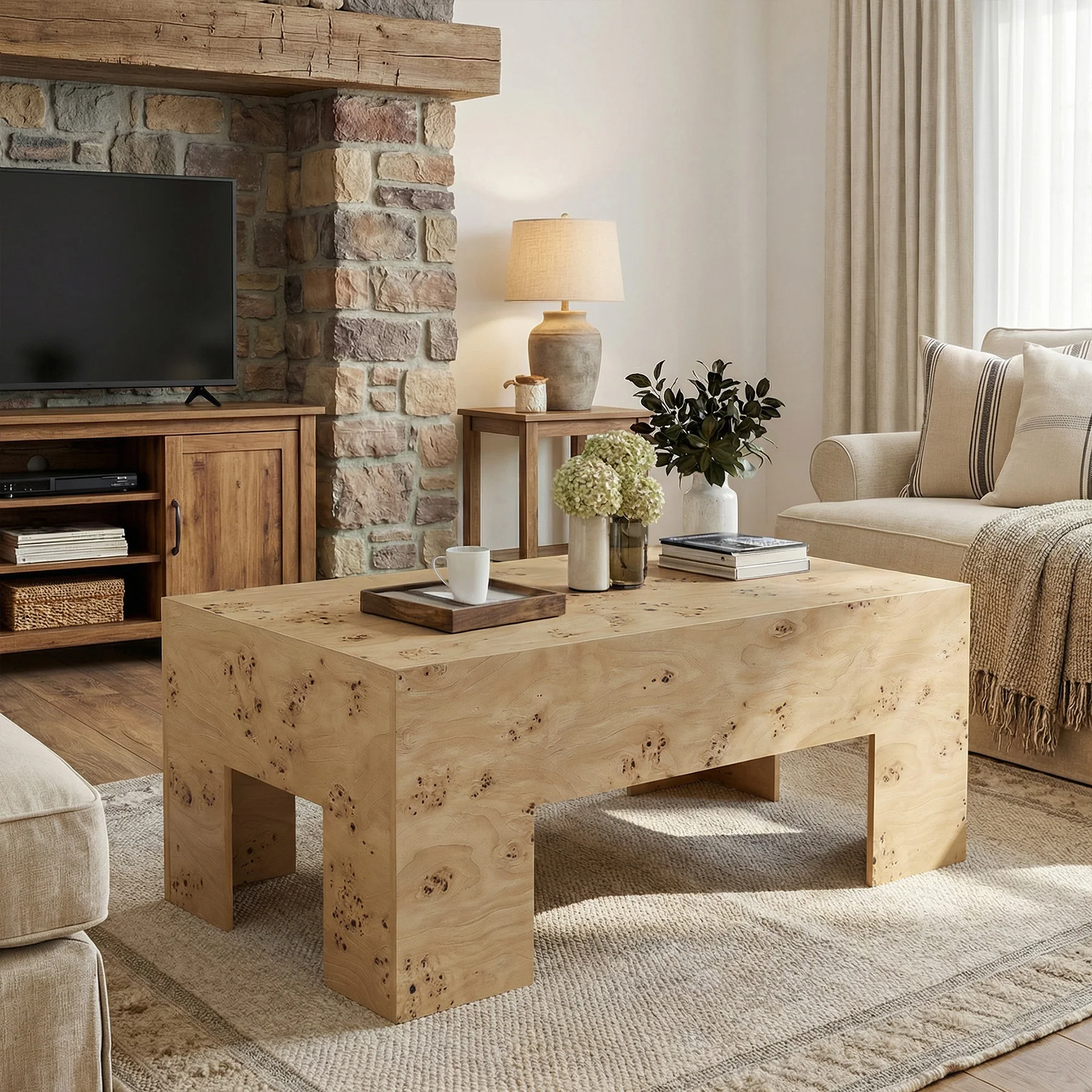 Tribesigns 55.12" Wood Coffee Table, Burl Veneer Center Table for Living Room - Image 3
