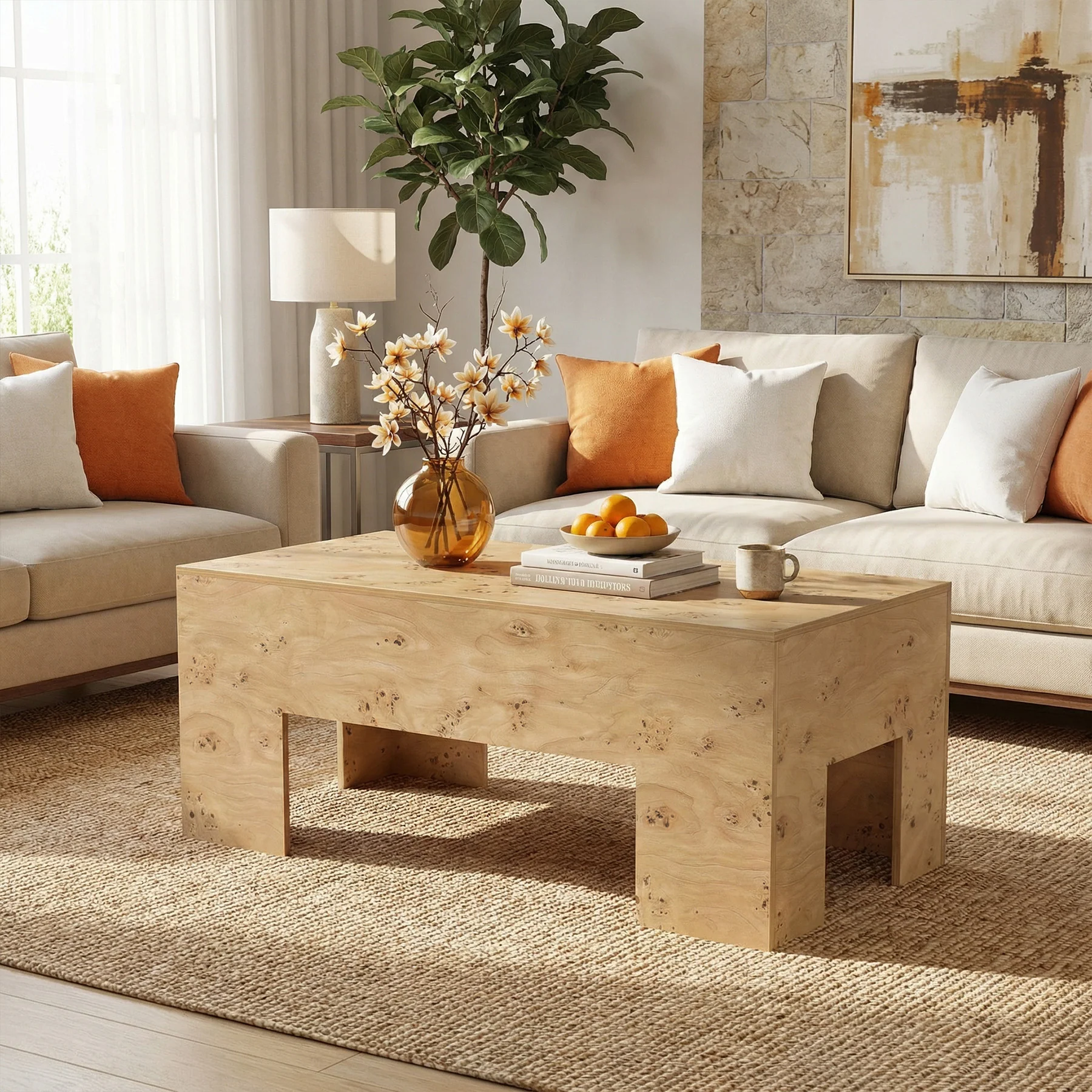 Tribesigns 55.12" Wood Coffee Table, Burl Veneer Center Table for Living Room - Image 4