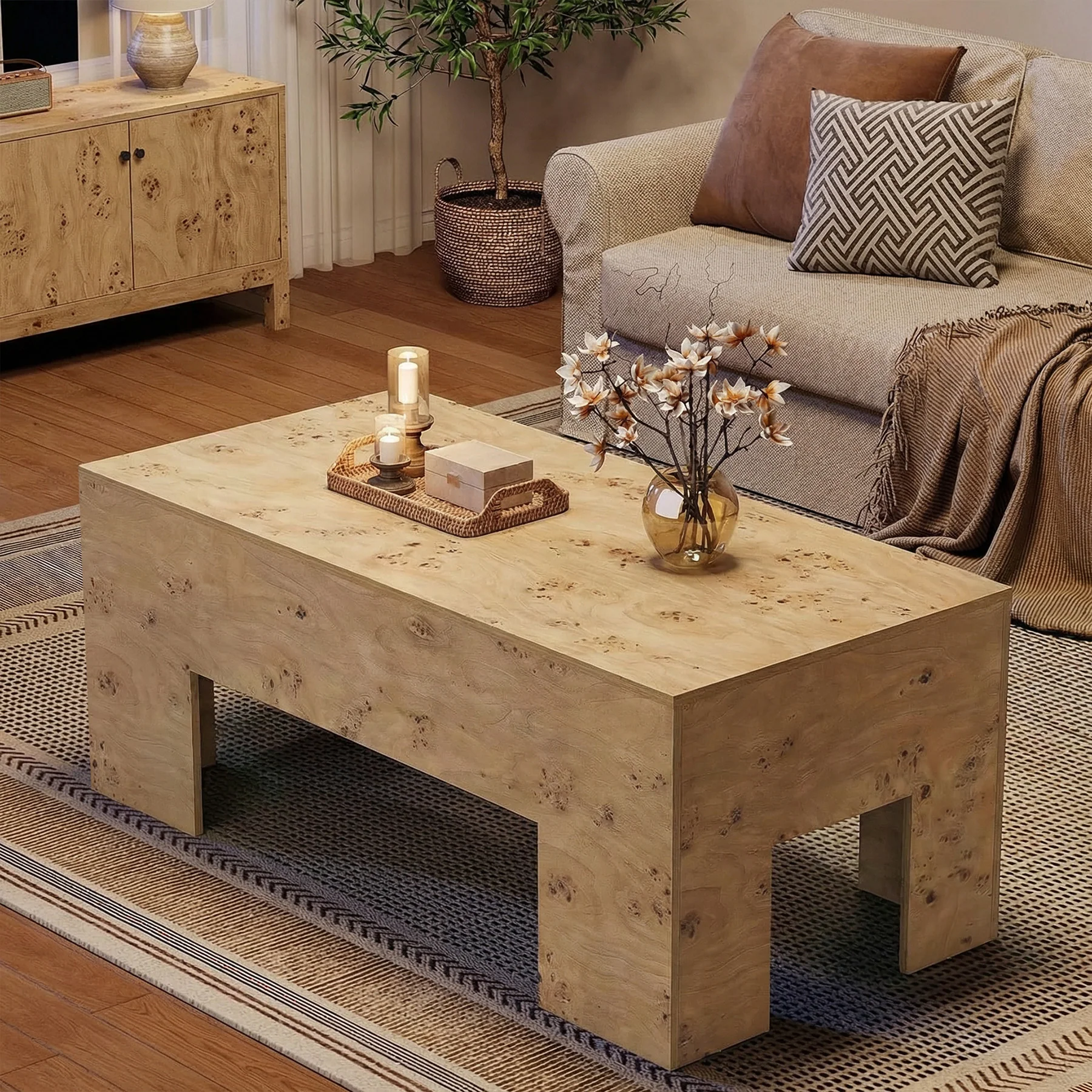 Tribesigns 55.12" Wood Coffee Table, Burl Veneer Center Table for Living Room - Image 5