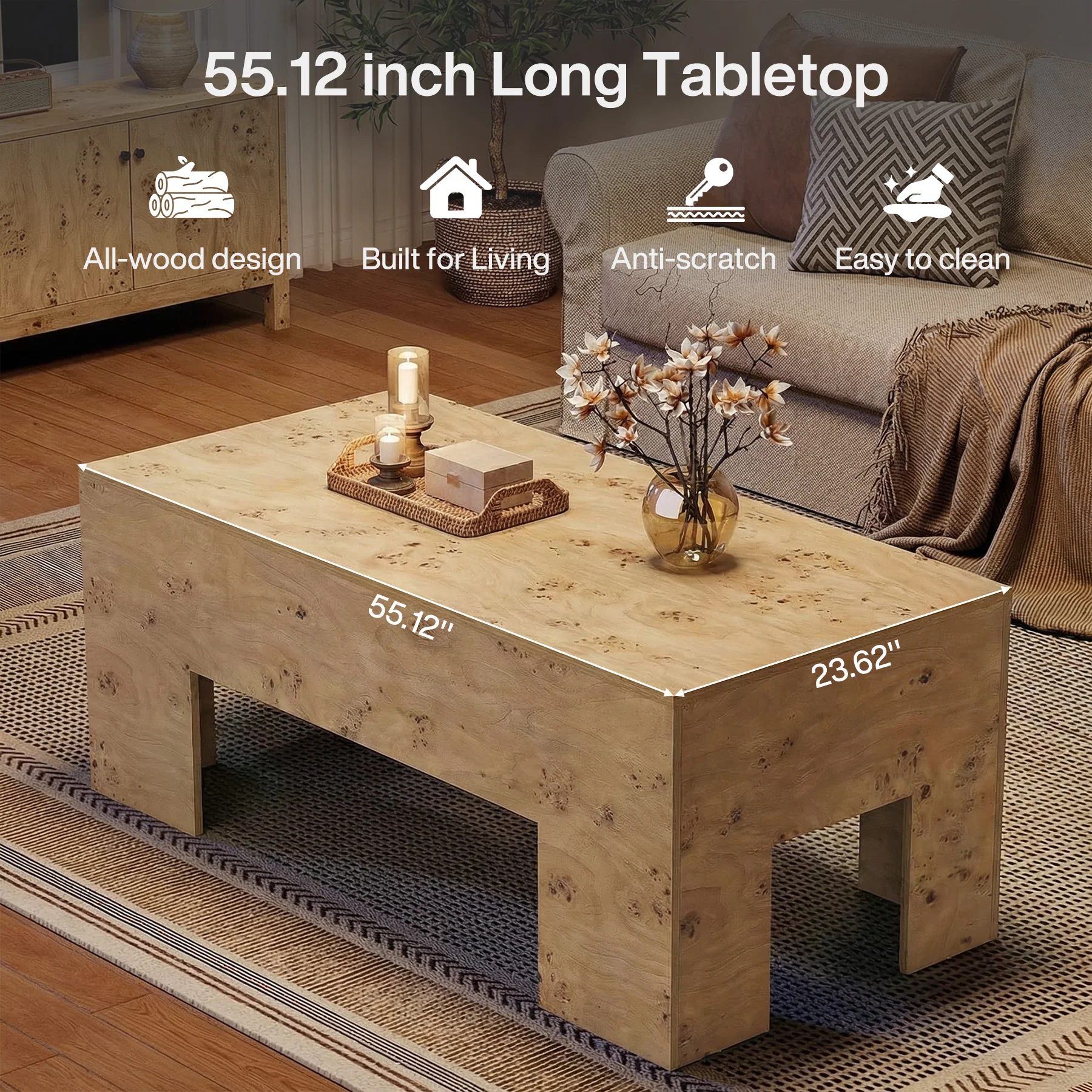 Tribesigns 55.12" Wood Coffee Table, Burl Veneer Center Table for Living Room - Image 9