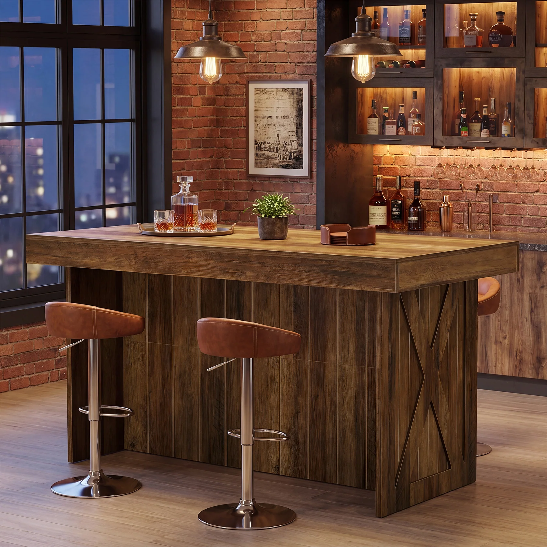 55.12" Bar Table, 3-Tier Home Bar Unit with Storage Shelves for Kitchen - Image 3