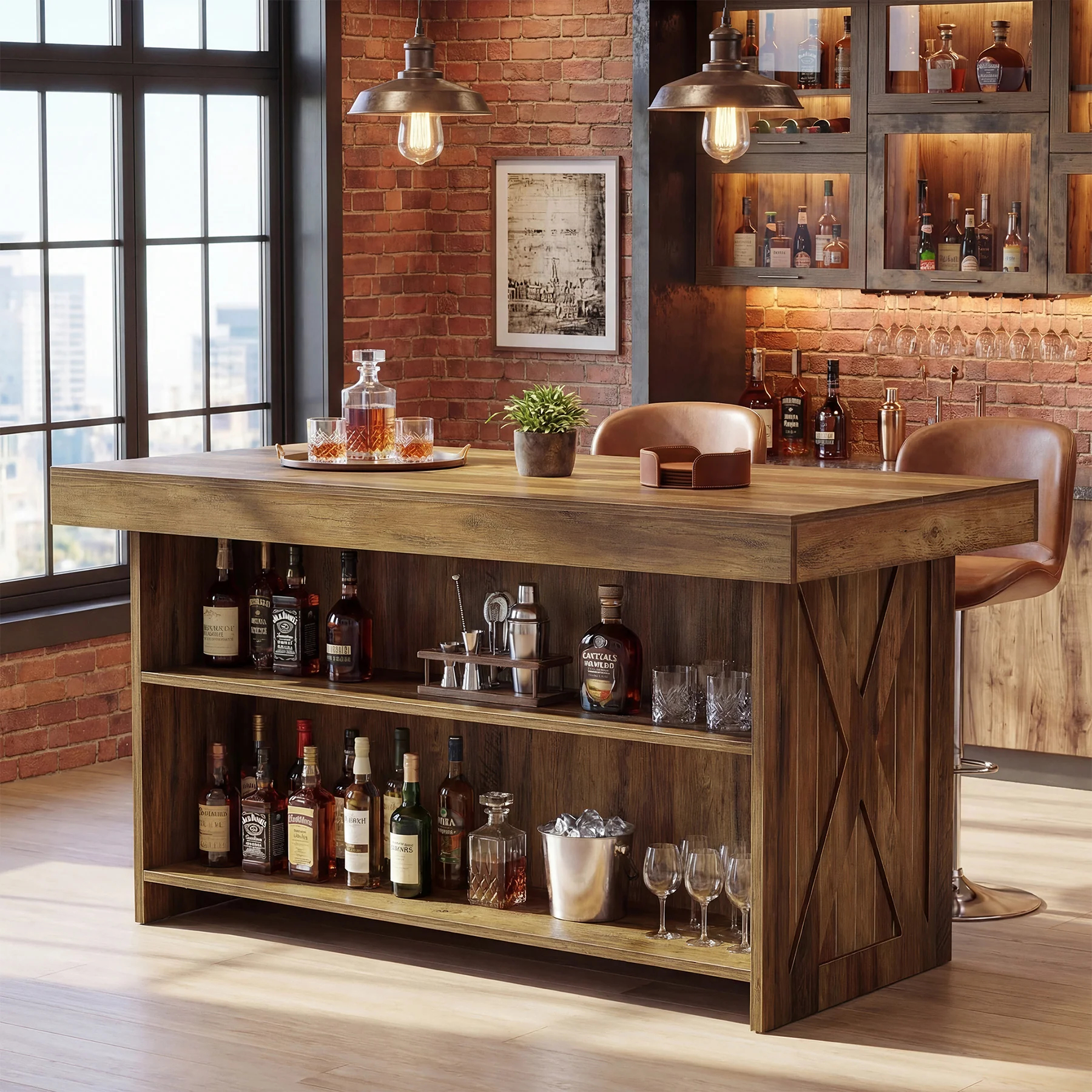 55.12" Bar Table, 3-Tier Home Bar Unit with Storage Shelves for Kitchen - Image 4