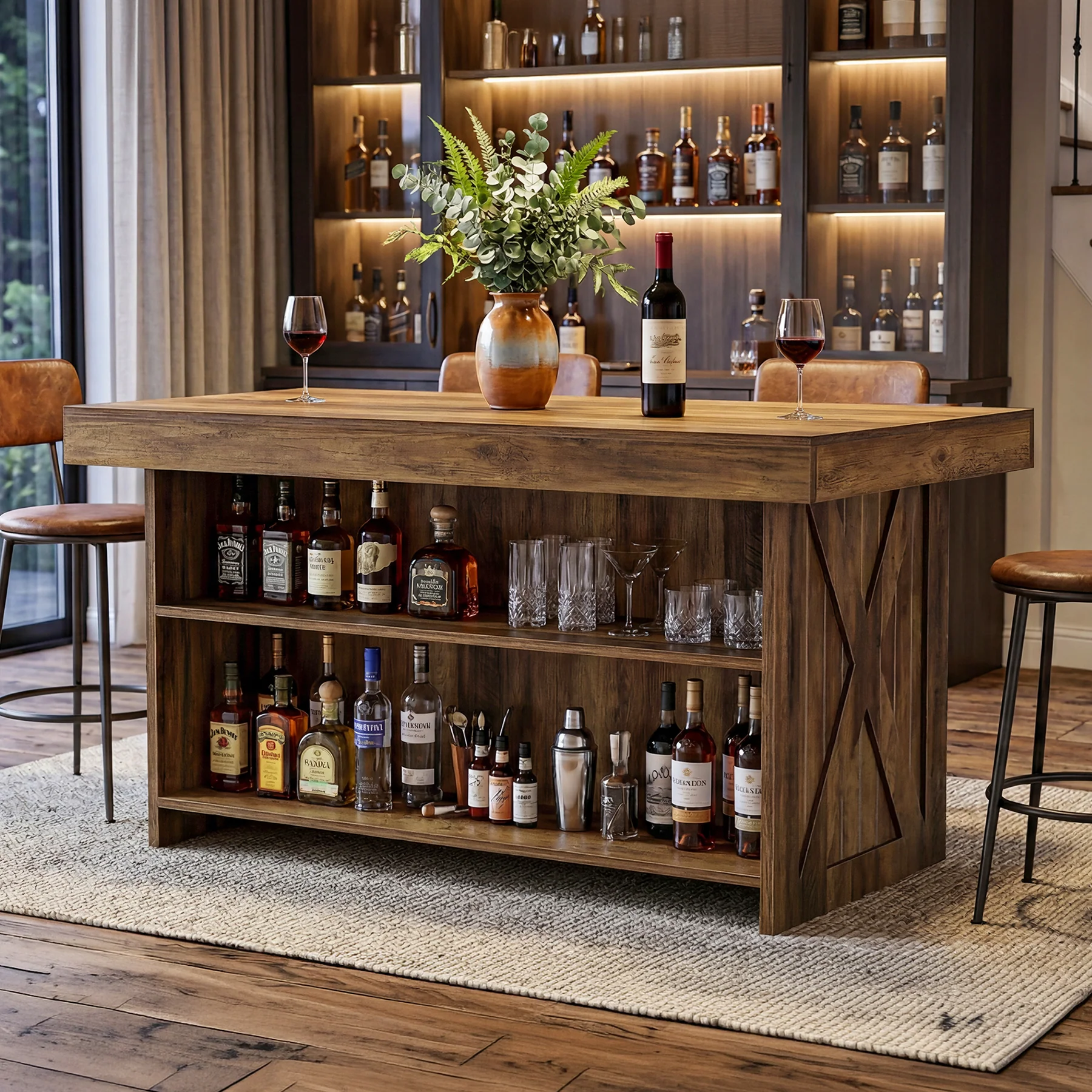 55.12" Bar Table, 3-Tier Home Bar Unit with Storage Shelves for Kitchen - Image 6