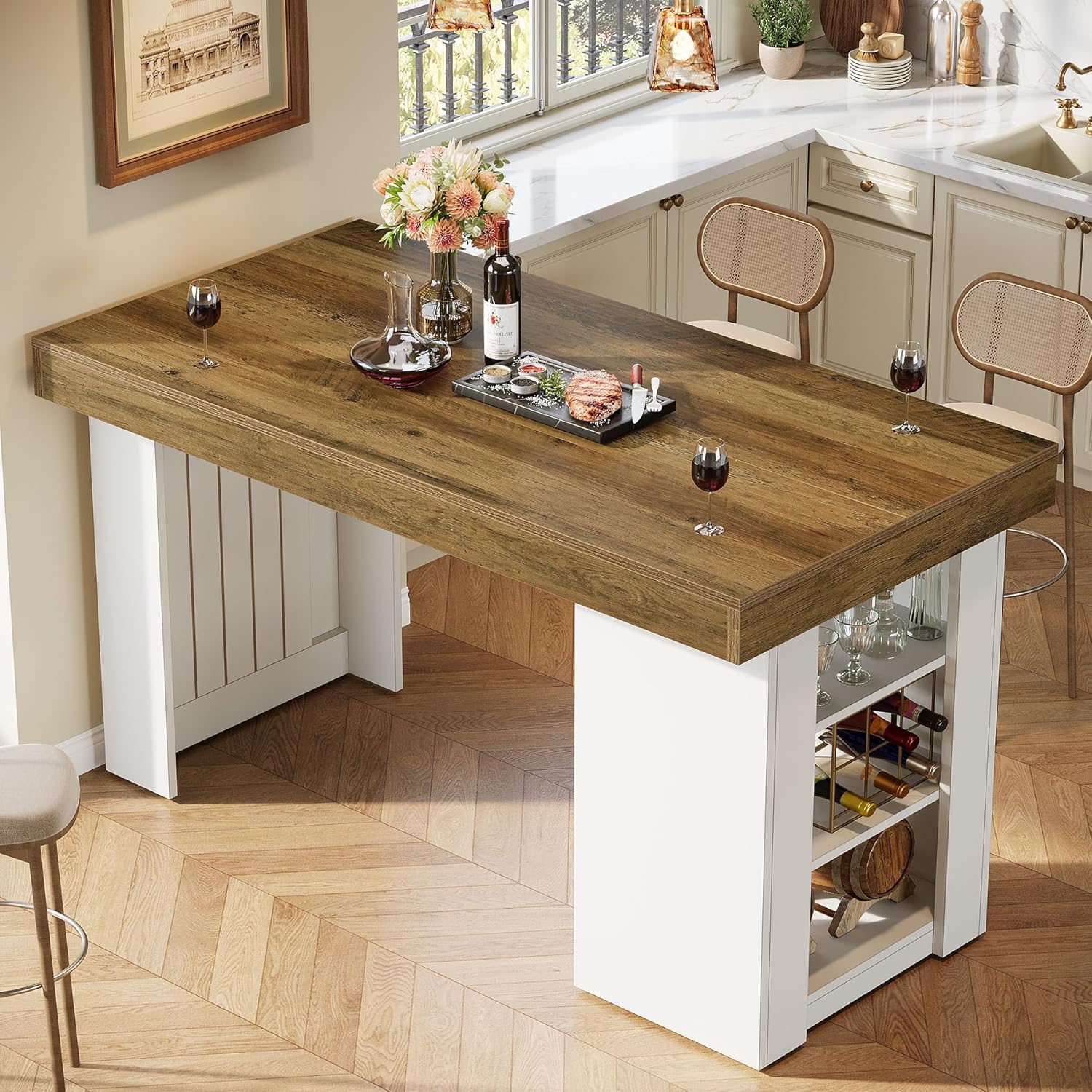 55" Bar Table, Farmhouse Counter Height Table with 3-Tier Storage Shelves - Image 5
