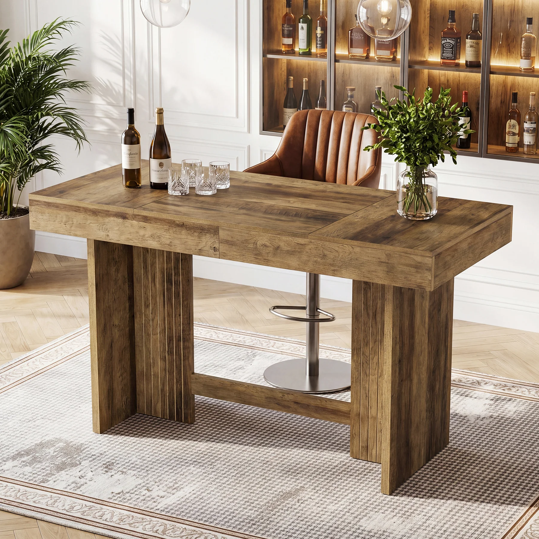 55" Bar Table, Farmhouse High-Top Pub Table with Large Worktop for Bistro - Image 4