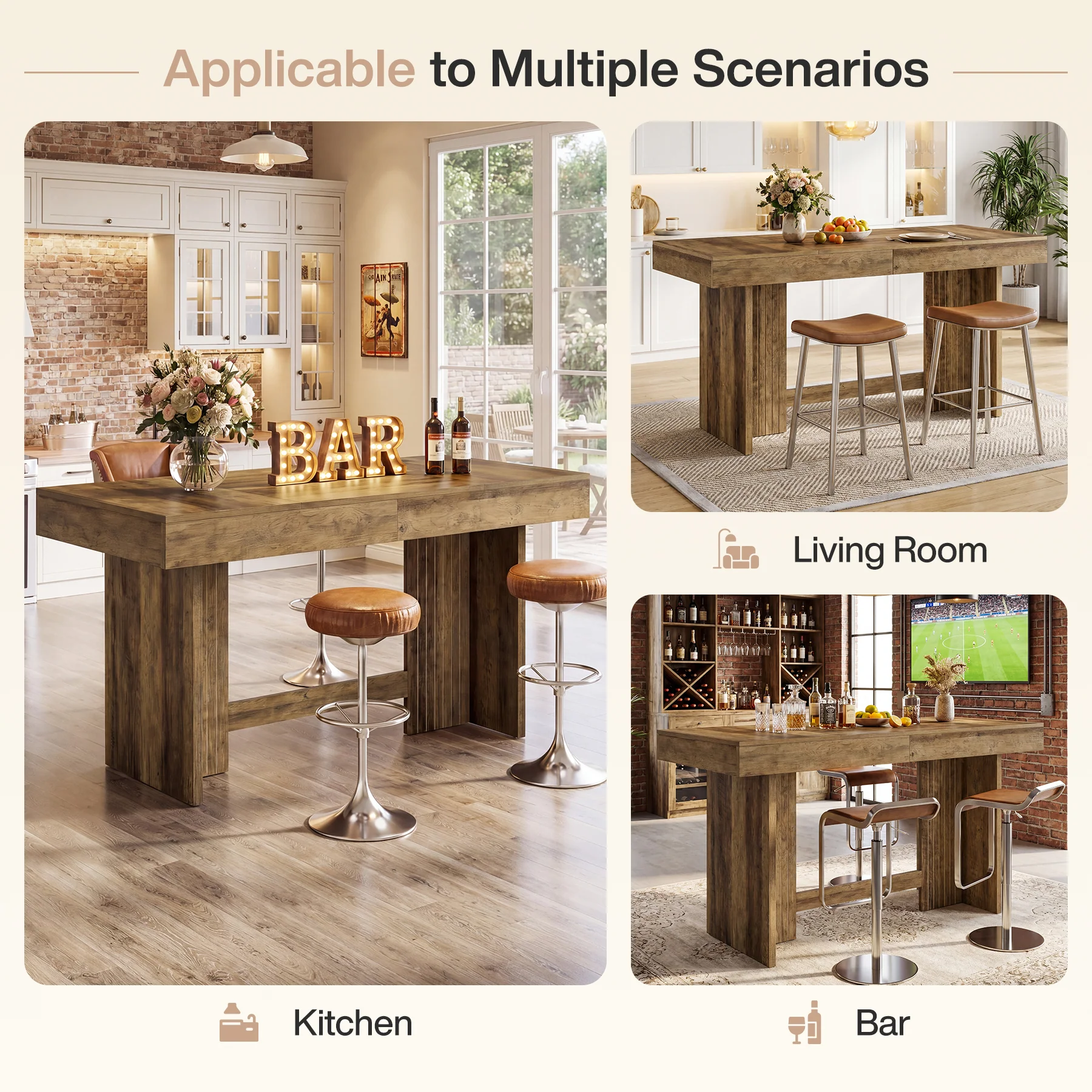 55" Bar Table, Farmhouse High-Top Pub Table with Large Worktop for Bistro - Image 7