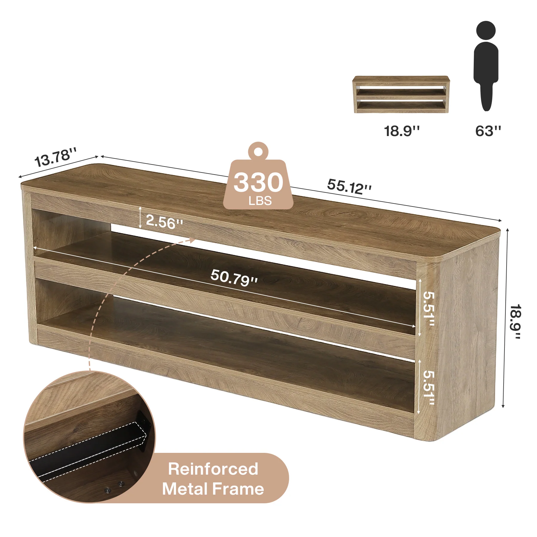 55" TV Stand for TVs up to 70", Farmhouse Entertainment Center with 3 Shelves - Image 2