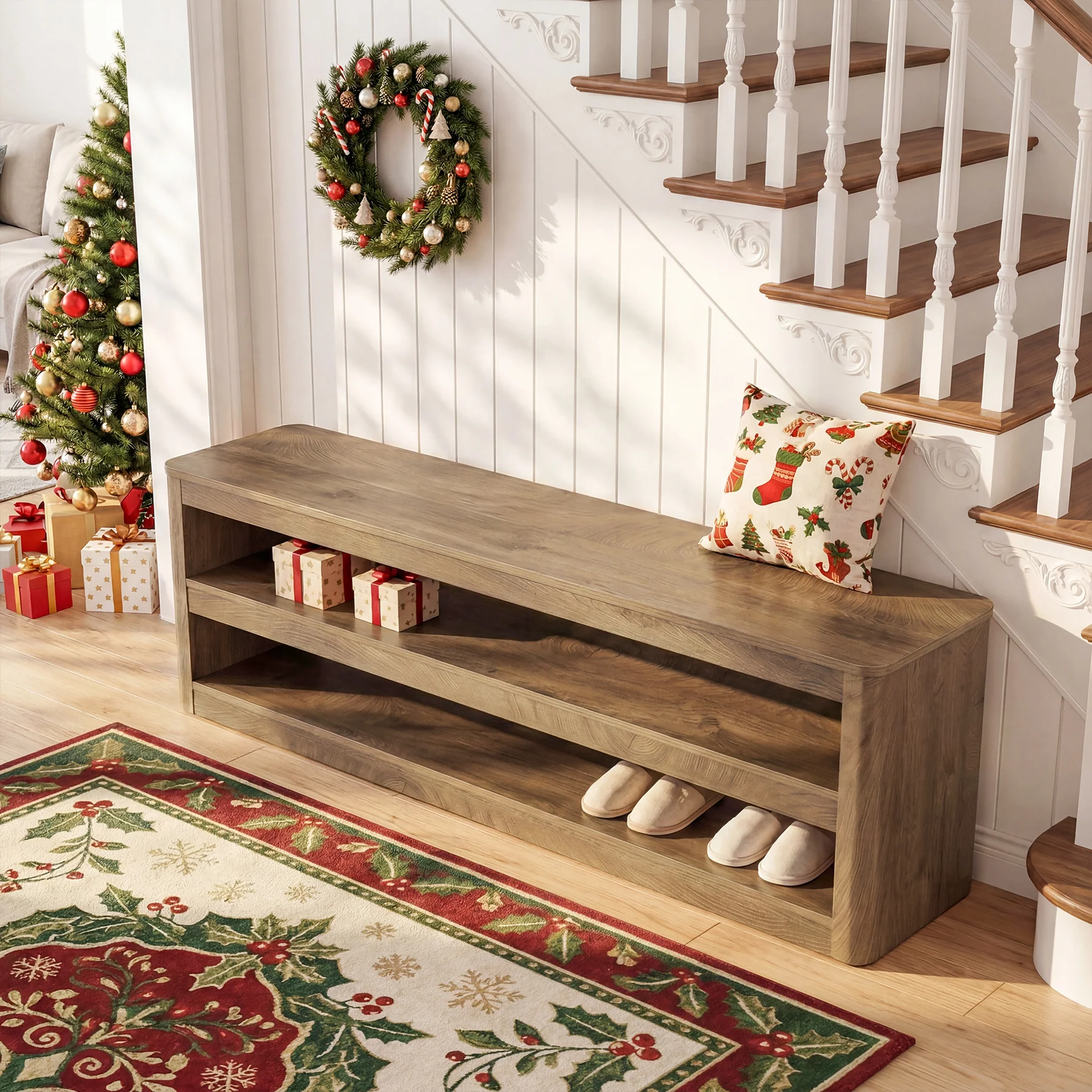 55" Entryway Bench, 3-Tier Shoe Bench End of Bed Seat for Hallway, Bedroom - Image 6