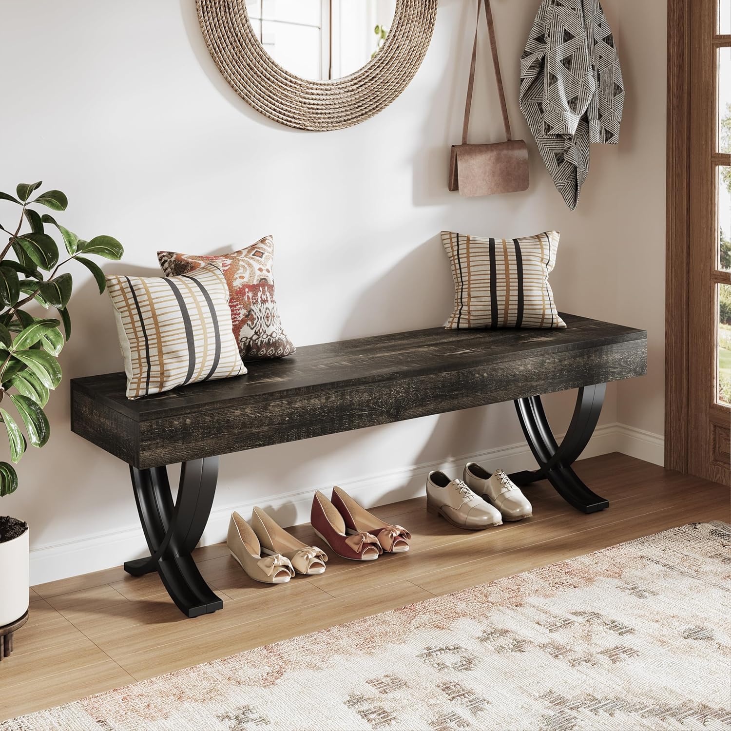 55" Entryway Shoe Bench, Industrial End of Bed Stool with Metal X-Shaped Legs - Image 10