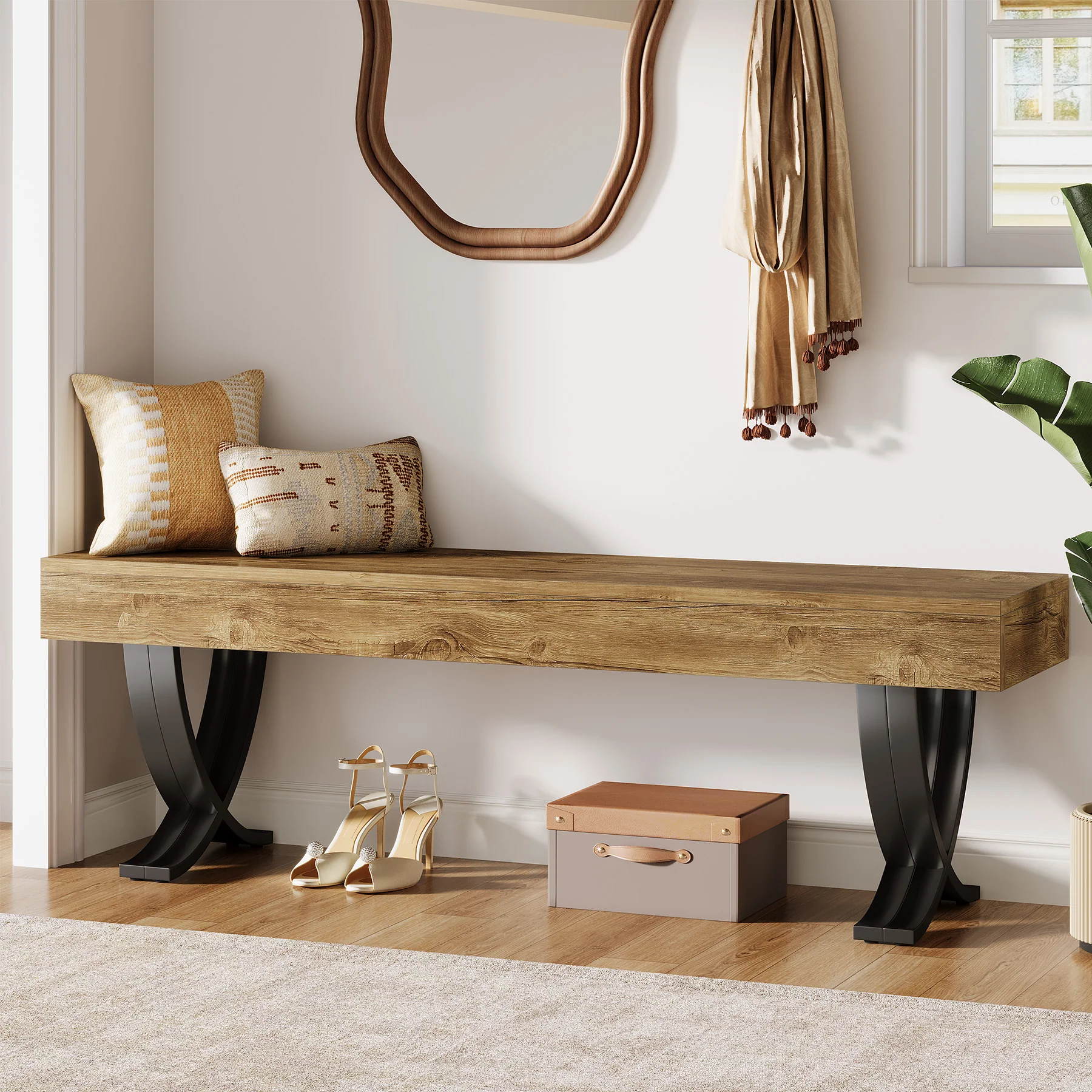 55" Entryway Shoe Bench, Industrial End of Bed Stool with Metal X-Shaped Legs - Image 12