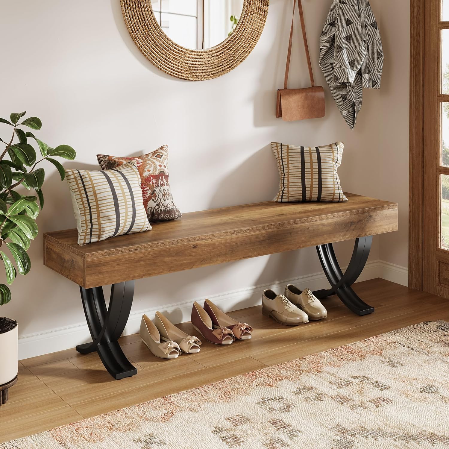 55" Entryway Shoe Bench, Industrial End of Bed Stool with Metal X-Shaped Legs - Image 3