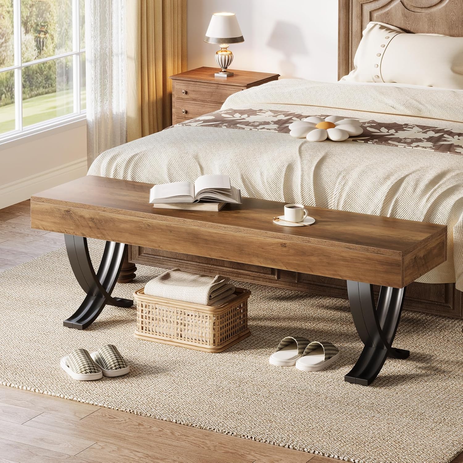 55" Entryway Shoe Bench, Industrial End of Bed Stool with Metal X-Shaped Legs - Image 4