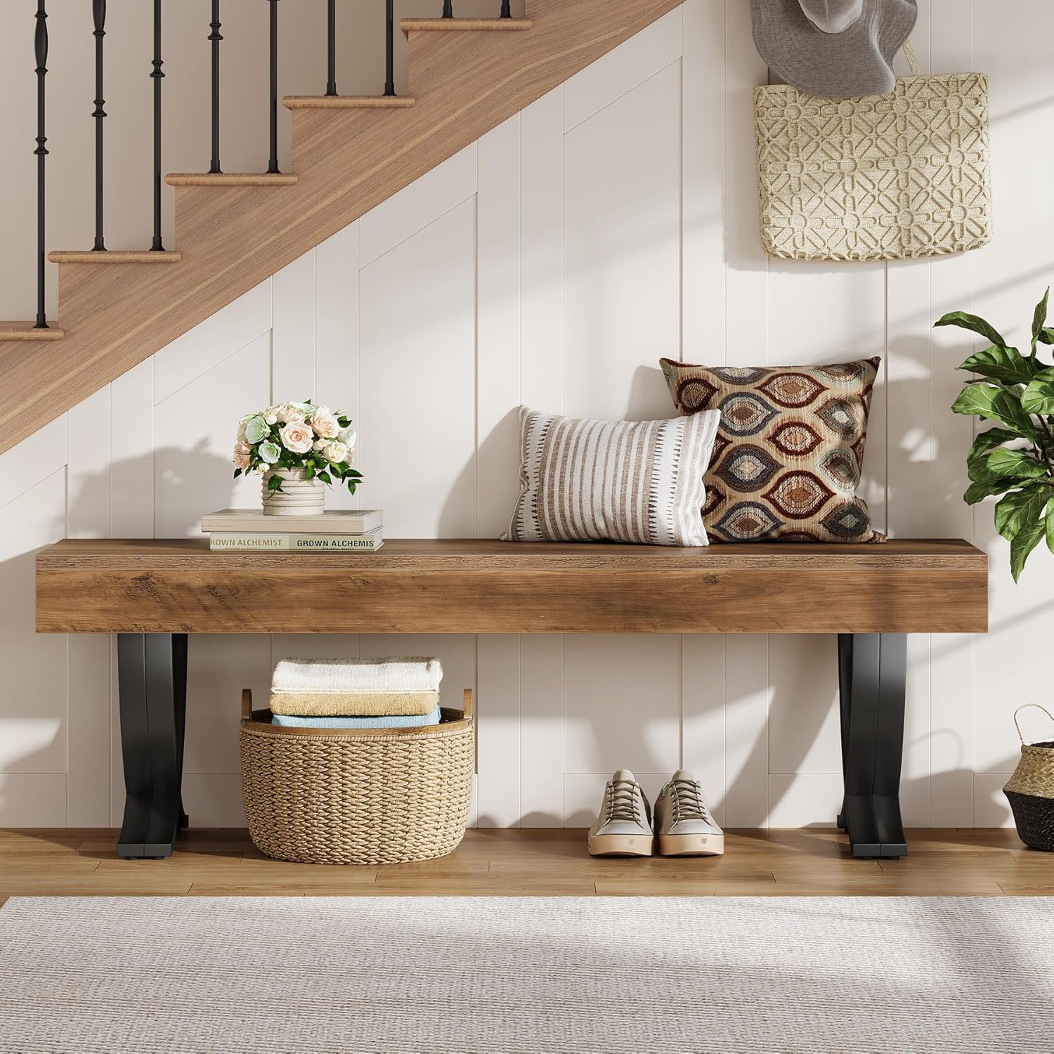 55" Entryway Shoe Bench, Industrial End of Bed Stool with Metal X-Shaped Legs - Image 5