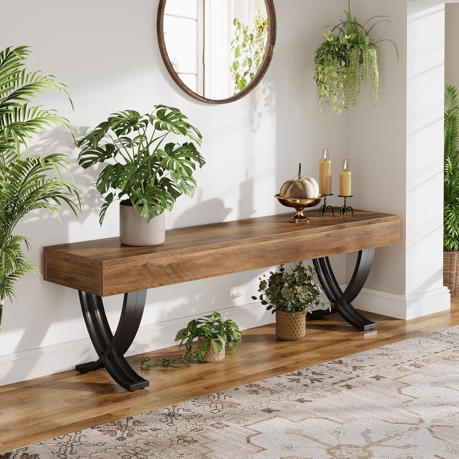55" Entryway Shoe Bench, Industrial End of Bed Stool with Metal X-Shaped Legs - Image 6
