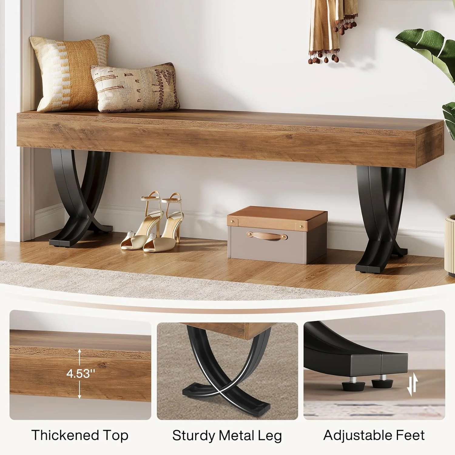 55" Entryway Shoe Bench, Industrial End of Bed Stool with Metal X-Shaped Legs - Image 7