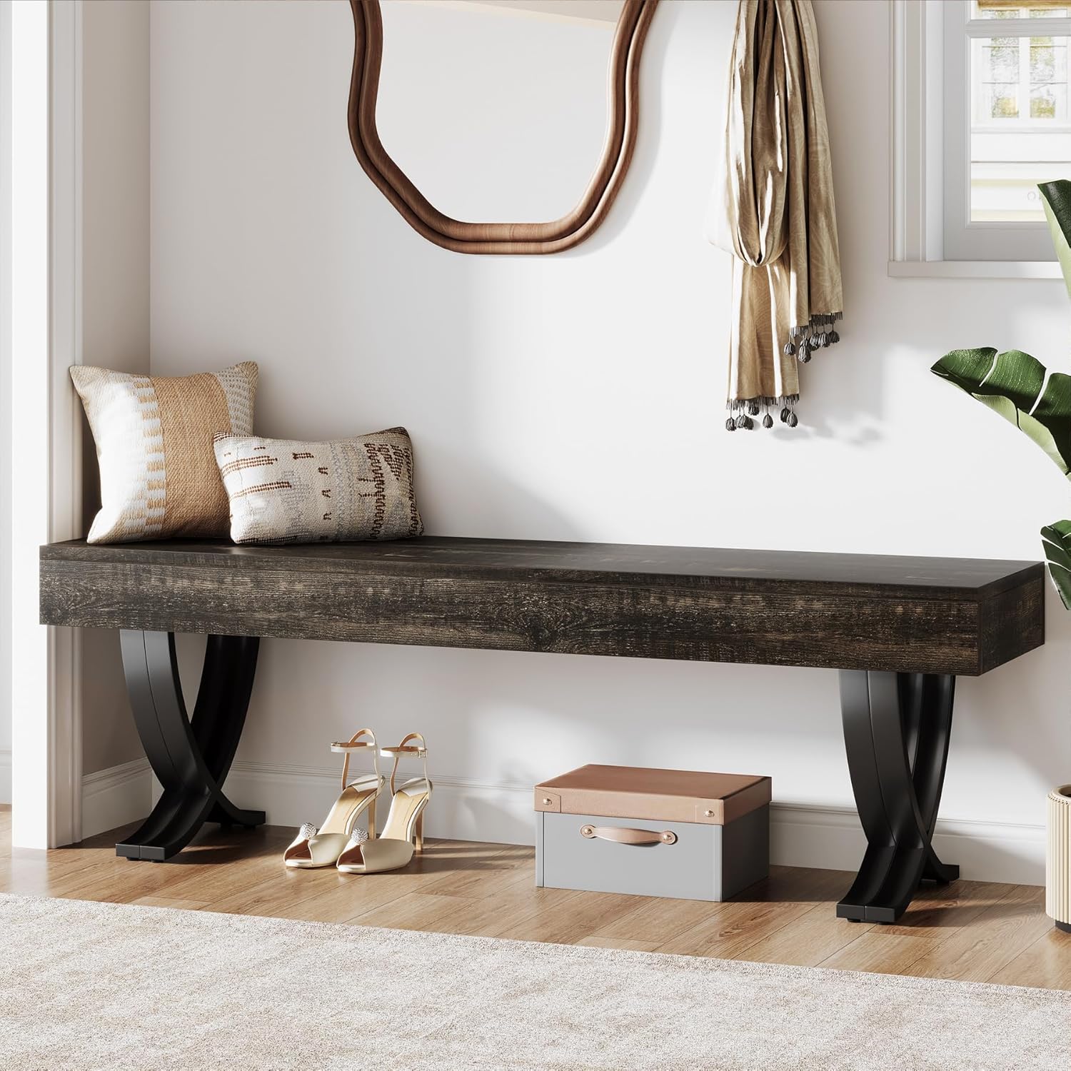 55" Entryway Shoe Bench, Industrial End of Bed Stool with Metal X-Shaped Legs - Image 9