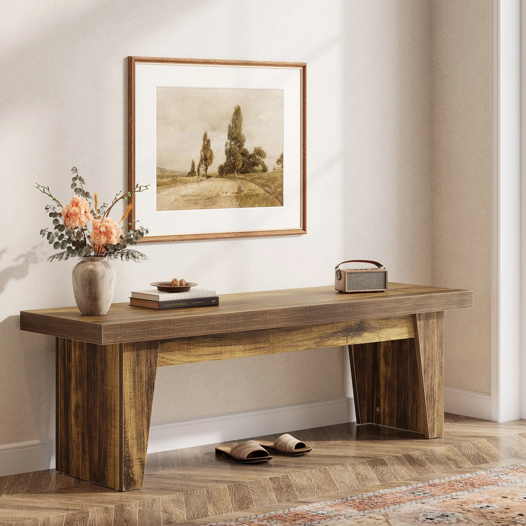 55" Entryway Bench, Farmhouse Shoe Bench Indoor End of Bed Stool - Image 3