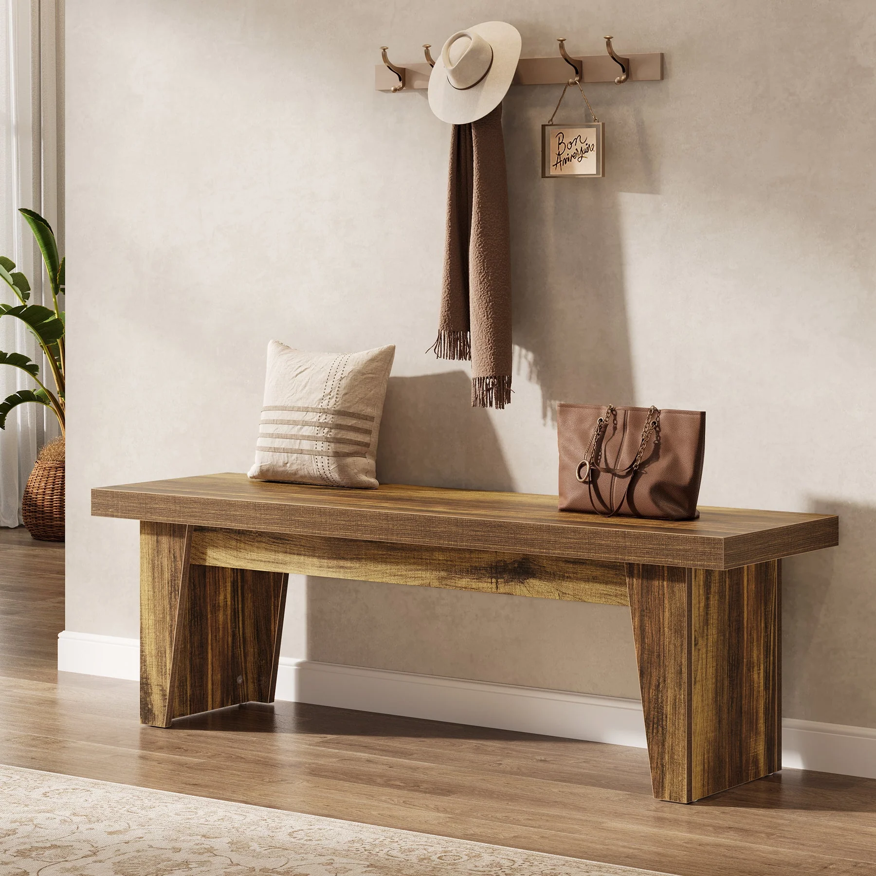 55" Entryway Bench, Farmhouse Shoe Bench Indoor End of Bed Stool - Image 4