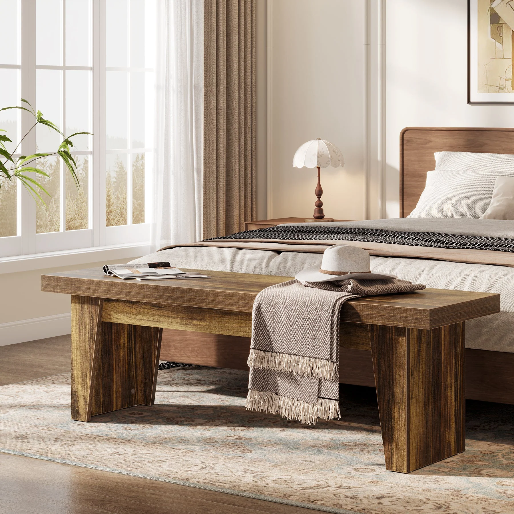 55" Entryway Bench, Farmhouse Shoe Bench Indoor End of Bed Stool - Image 5
