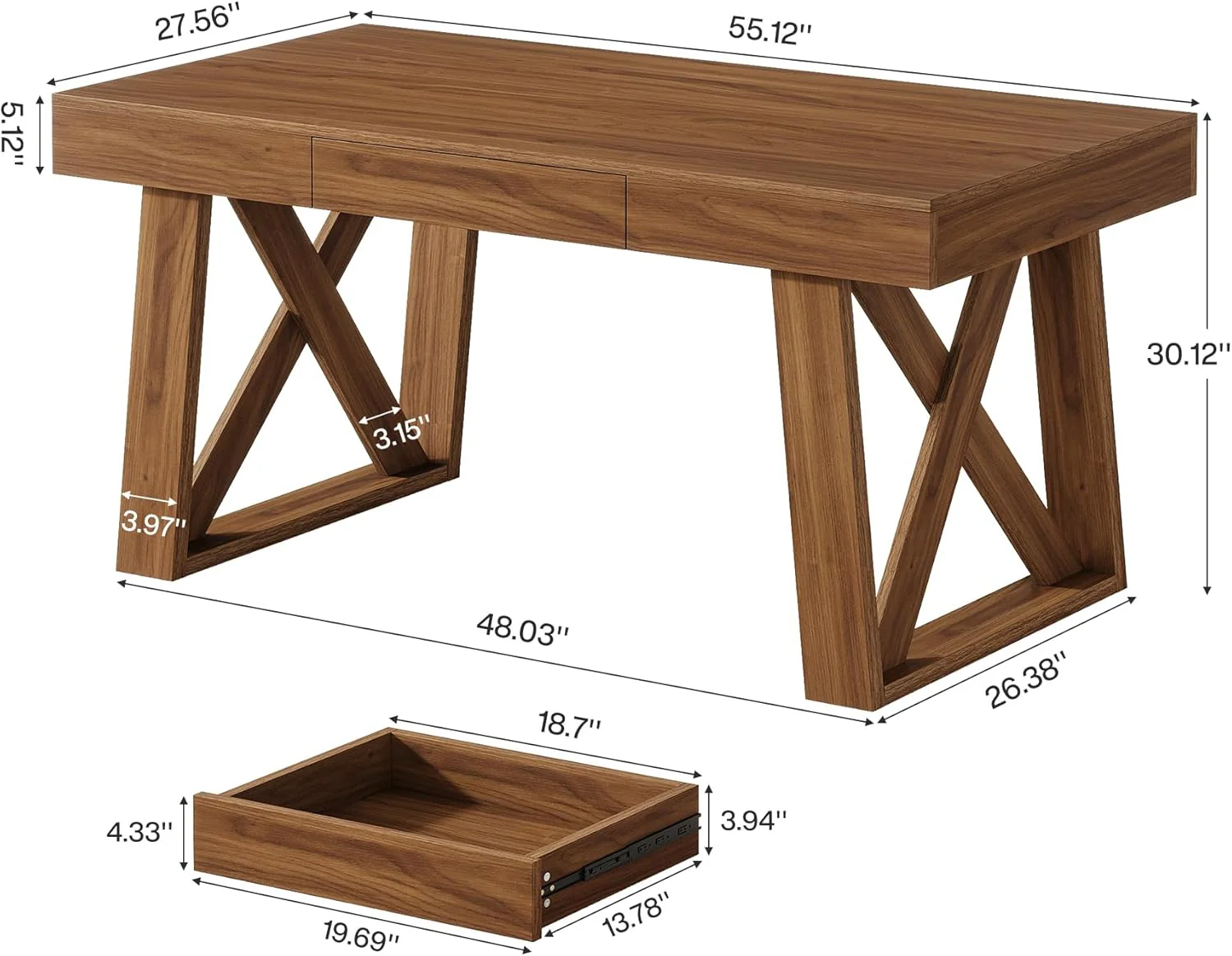 55" Executive Desk, Modern Computer Office Desk with Drawer - Image 2