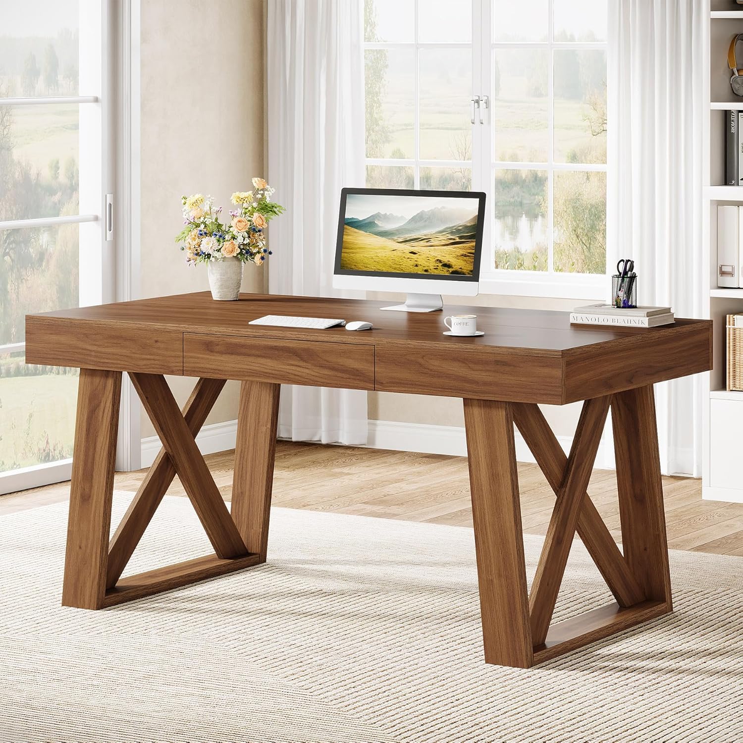 55" Executive Desk, Modern Computer Office Desk with Drawer - Image 4