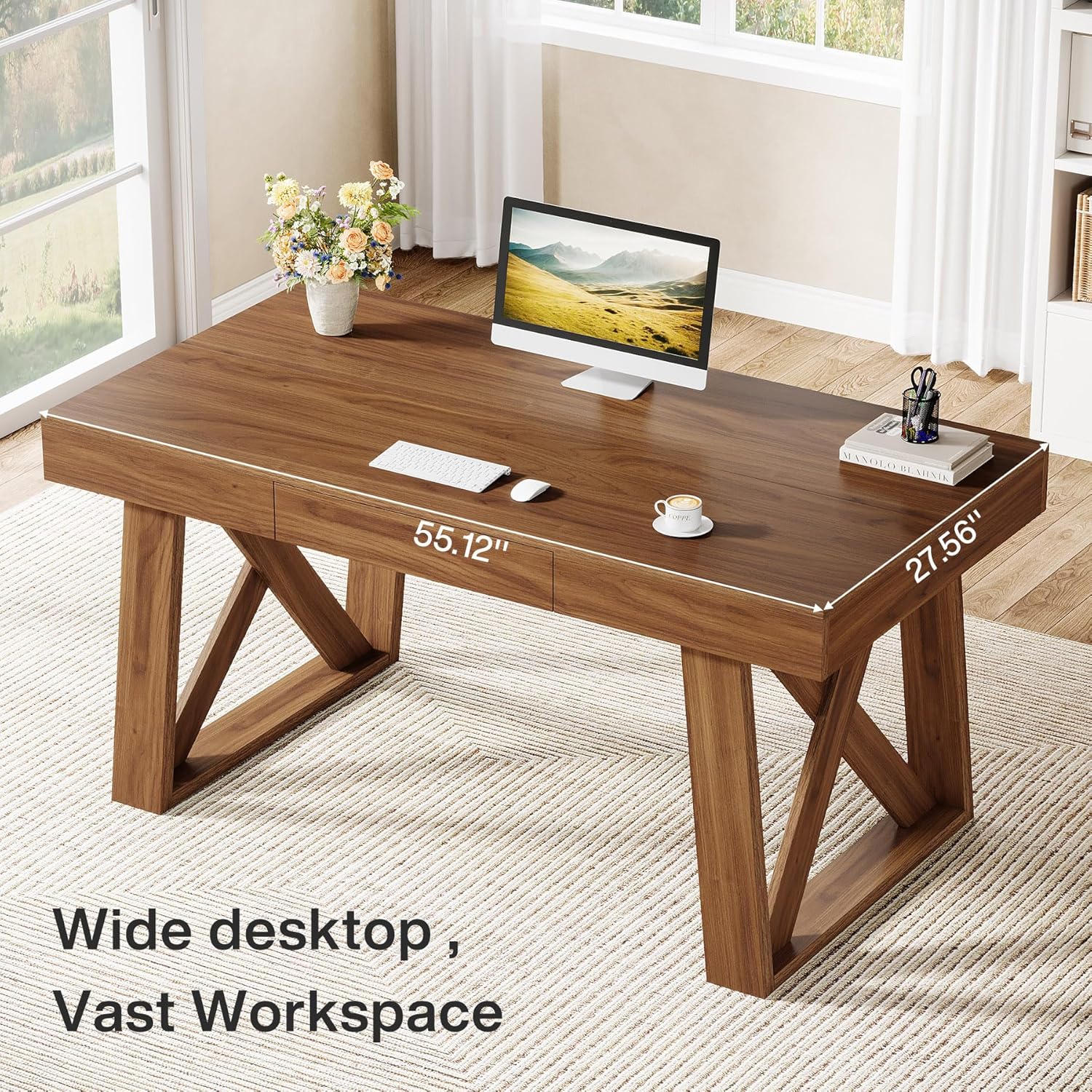 55" Executive Desk, Modern Computer Office Desk with Drawer - Image 5