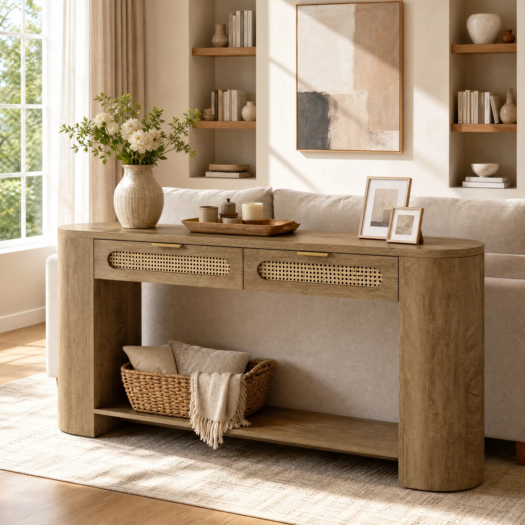 55" Console Table, Farmhouse Entryway Sofa Table With 2 Rattan Drawers & Shelf - Image 3