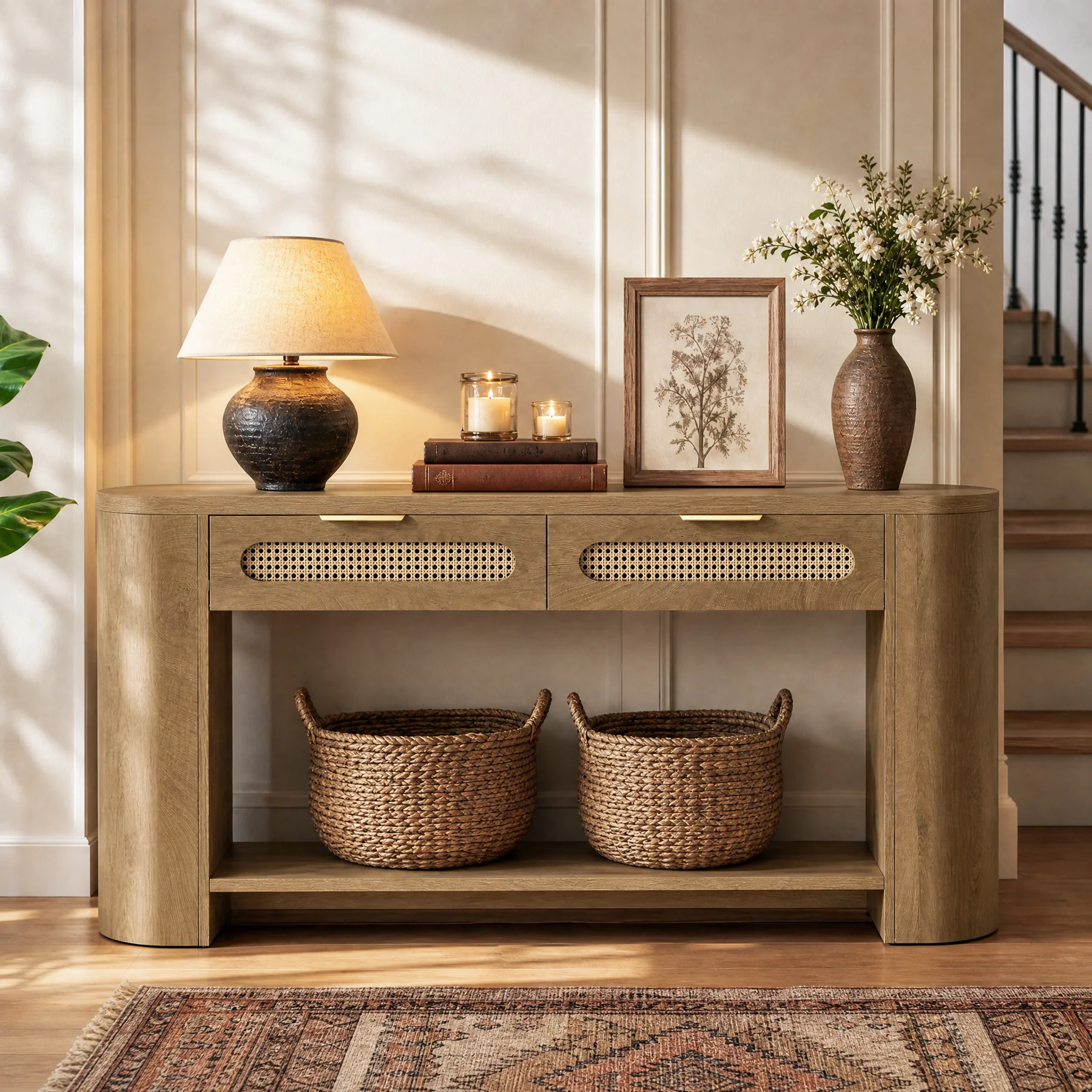 55" Console Table, Farmhouse Entryway Sofa Table With 2 Rattan Drawers & Shelf - Image 6