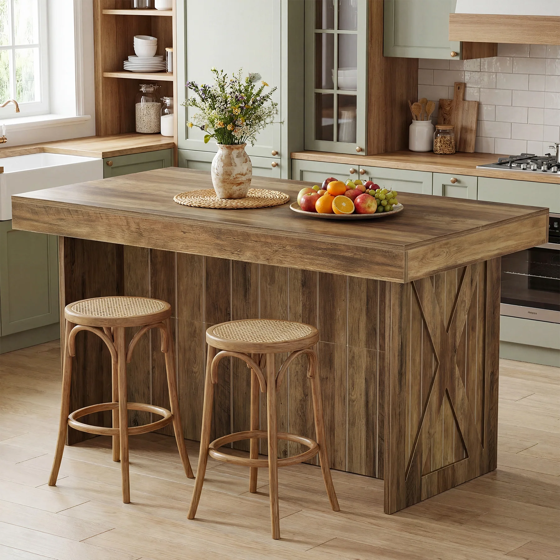 55" Kitchen Island with Storage Shelves, Farmhouse Island Table for Dining Room - Image 4