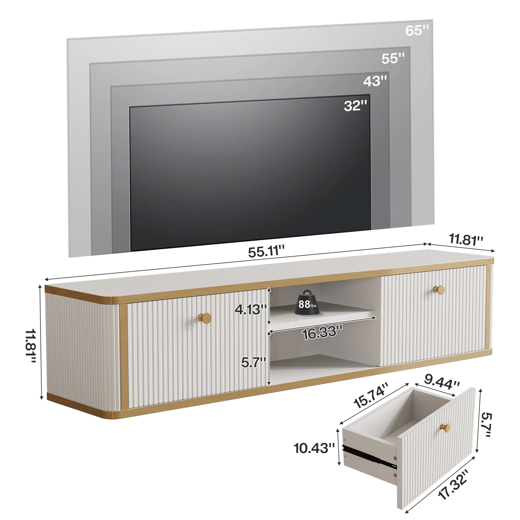 55" Floating TV Stand with 2 Drawers, Wall Mounted Entertainment Center for Living Room - Image 2