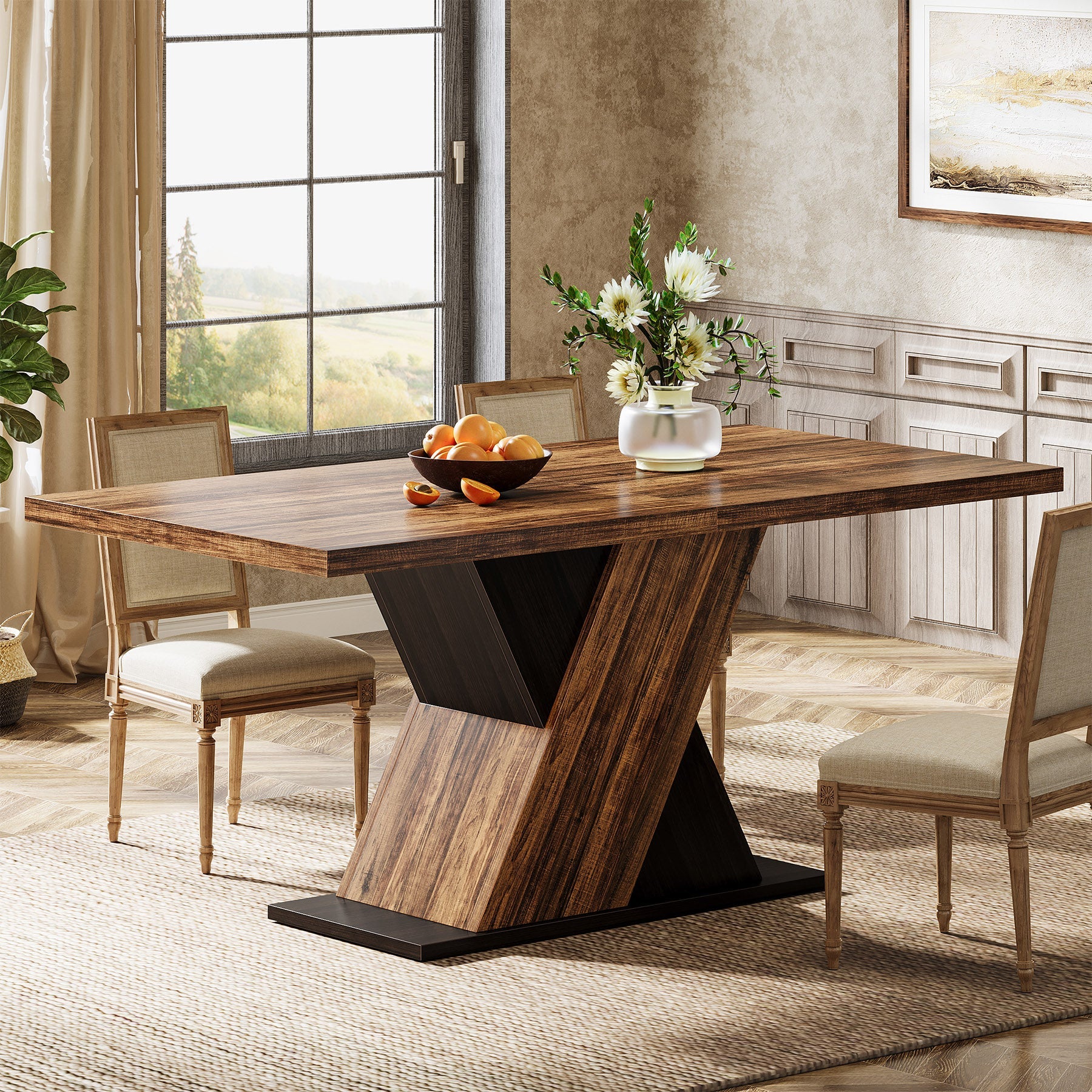 55" Dining Table, Wood Kitchen Dinner Table for 4-6