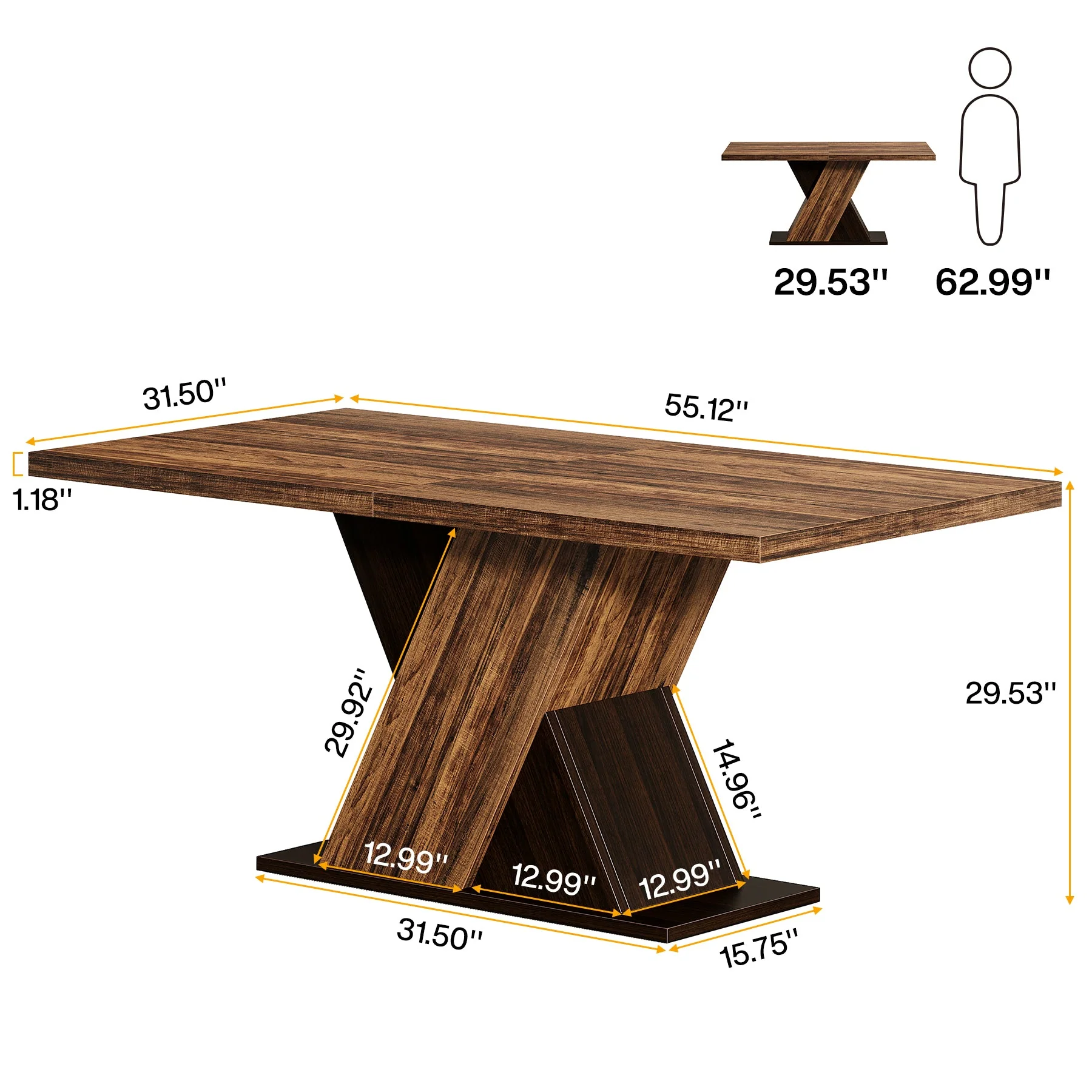 55" Dining Table, Wood Kitchen Dinner Table for 4-6 - Image 2