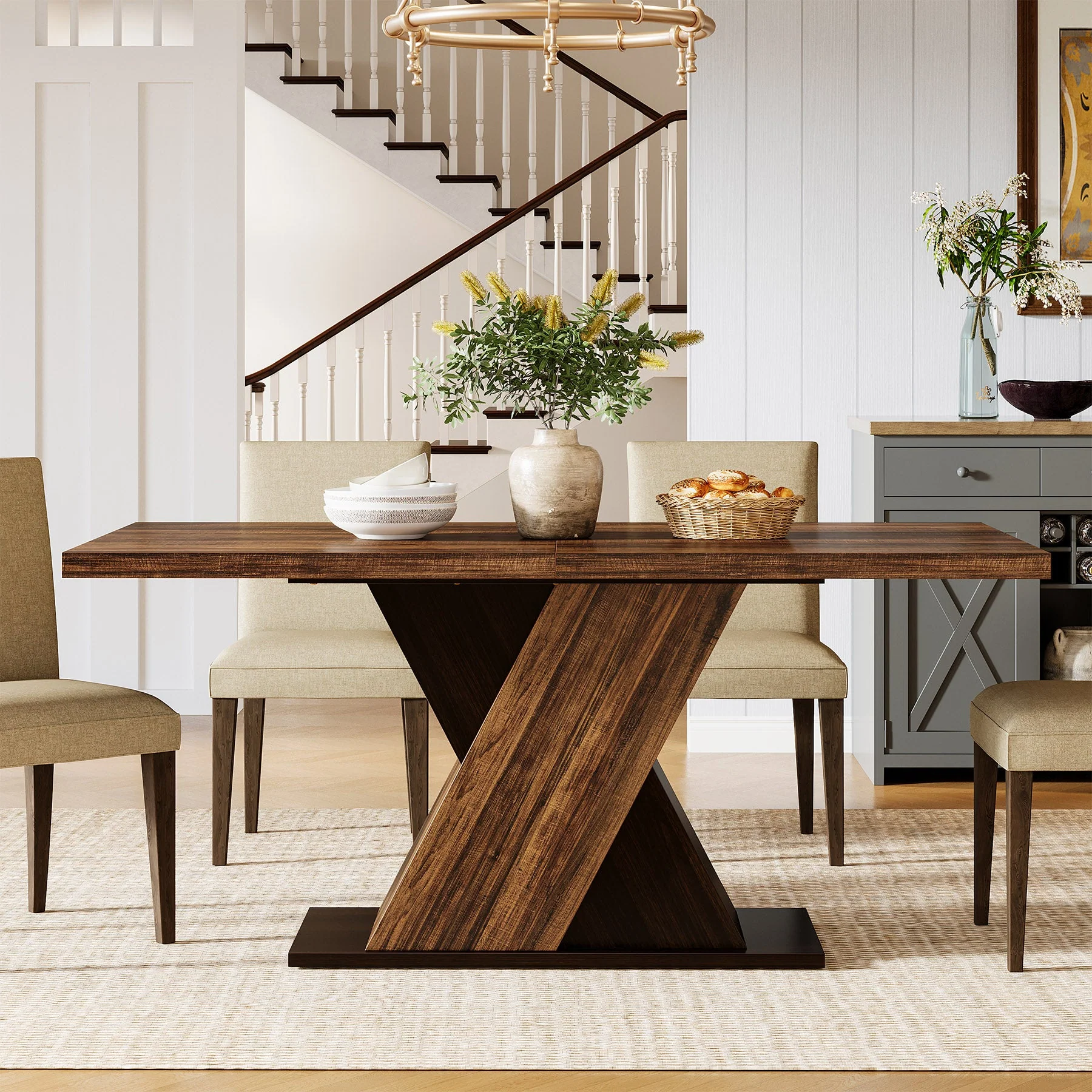 55" Dining Table, Wood Kitchen Dinner Table for 4-6 - Image 4