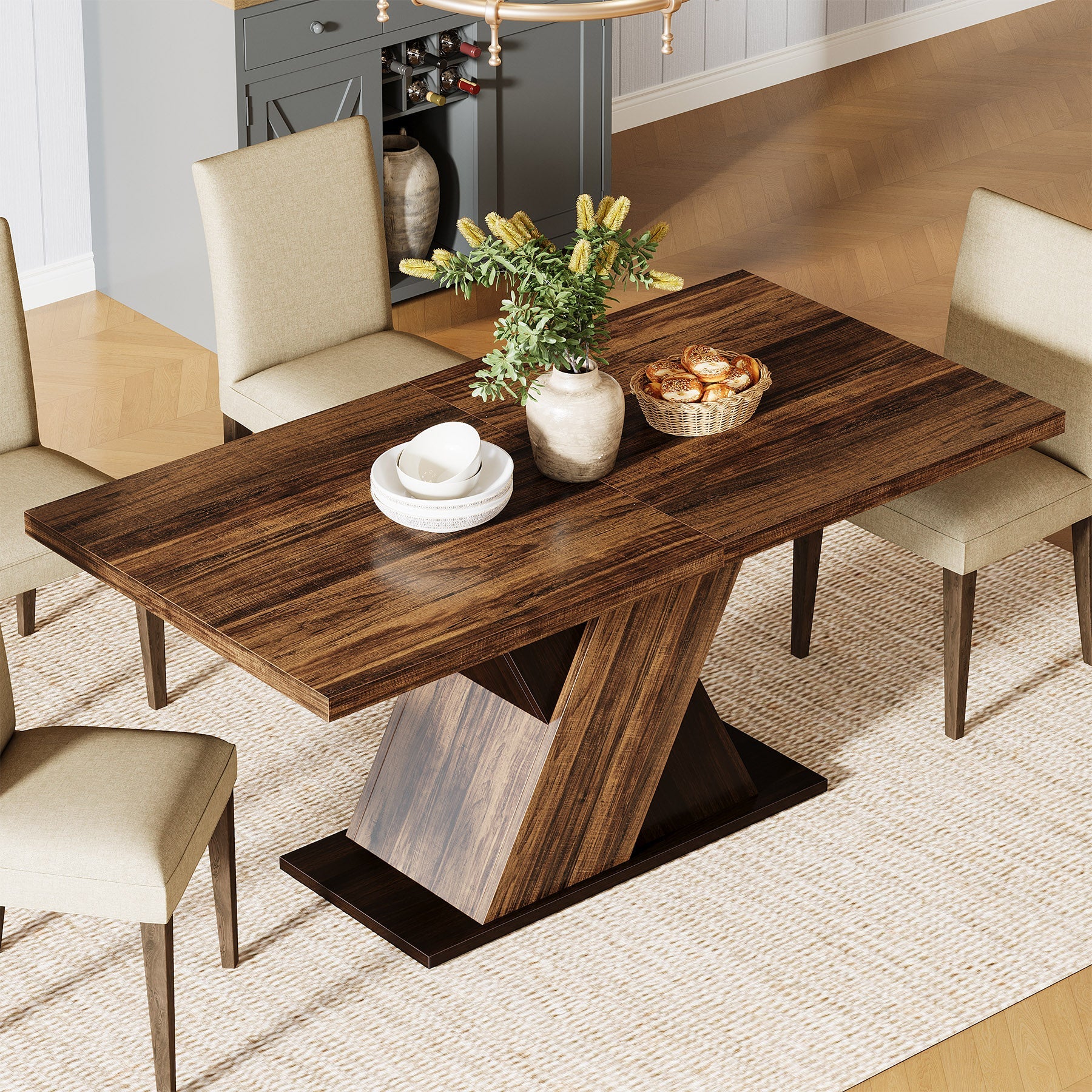 55" Dining Table, Wood Kitchen Dinner Table for 4-6 - Image 6