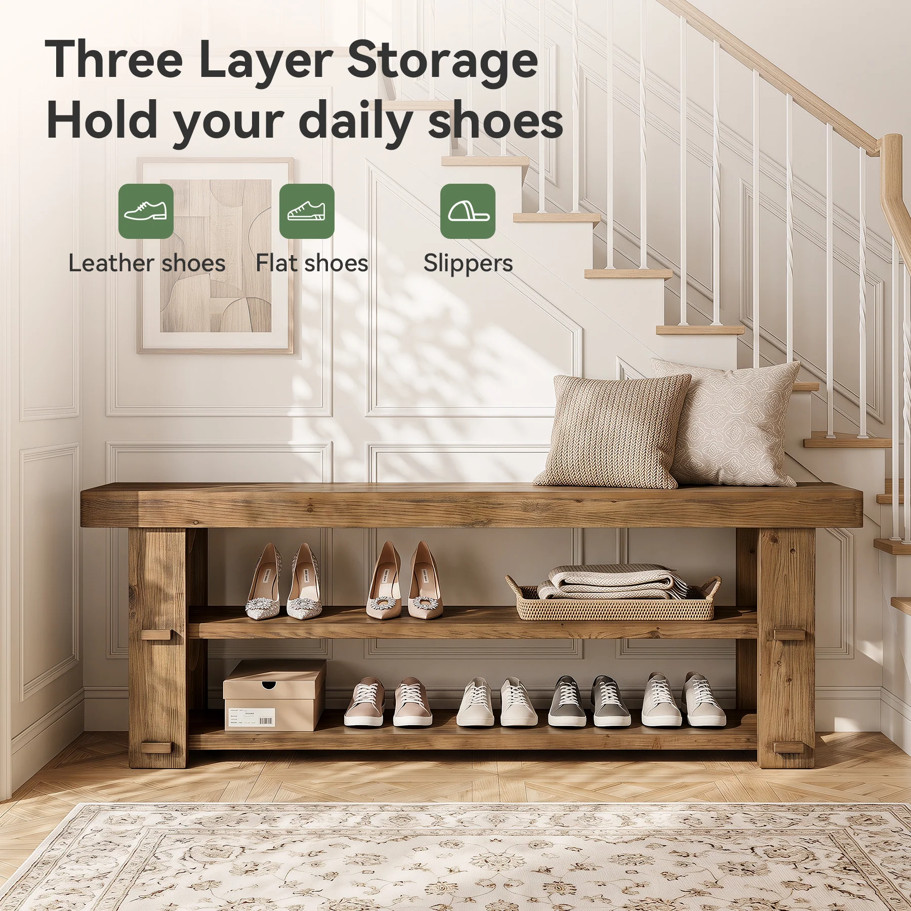 Tribesigns 55-Inch Entryway Bench, 2-Tier Shoe Storage Bench - Image 3