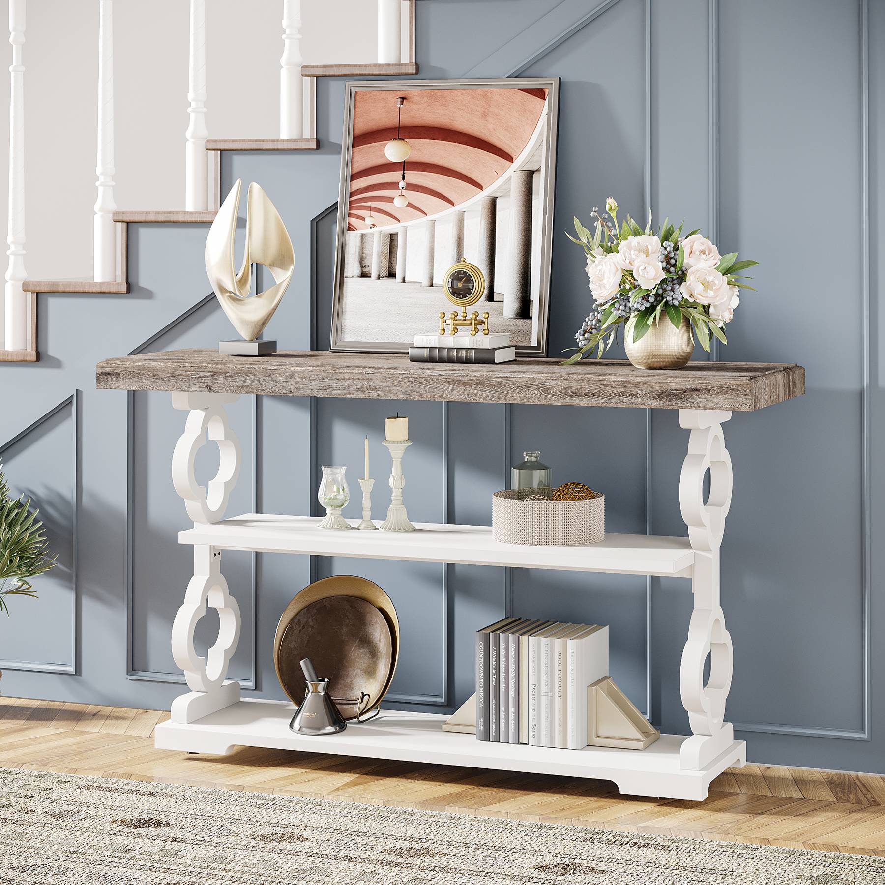 Farmhouse Console Table, 55" Entryway Sofa Table with Storage Shelves - Image 3