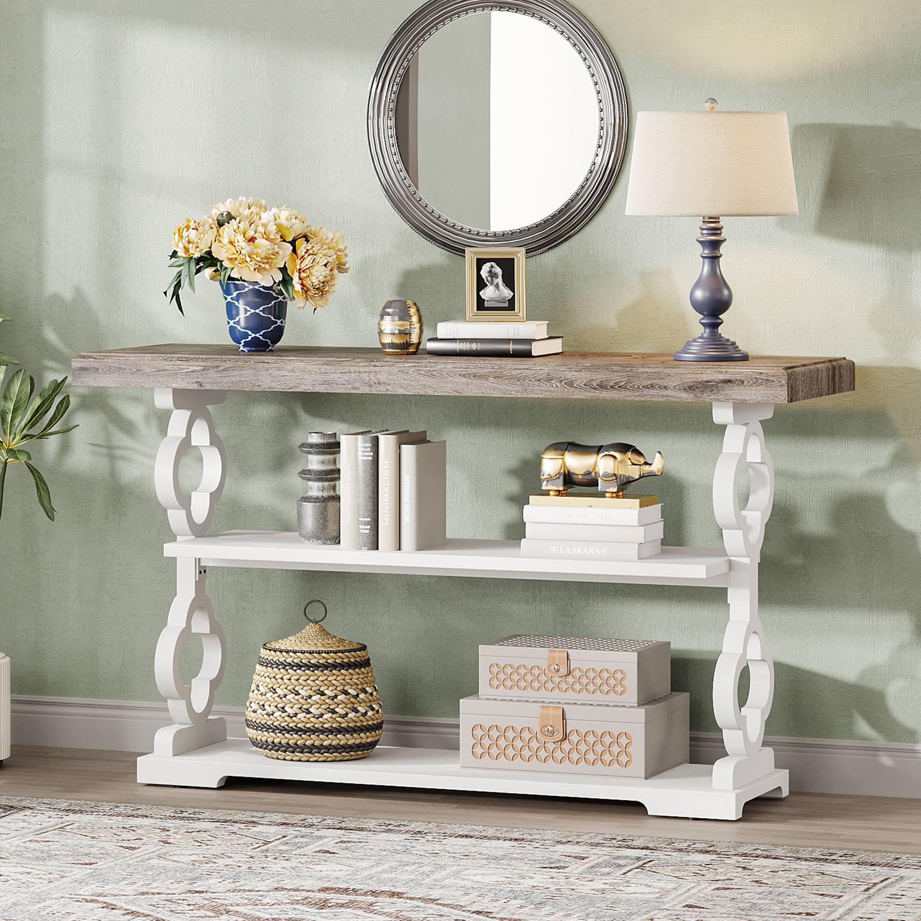 Farmhouse Console Table, 55" Entryway Sofa Table with Storage Shelves - Image 4