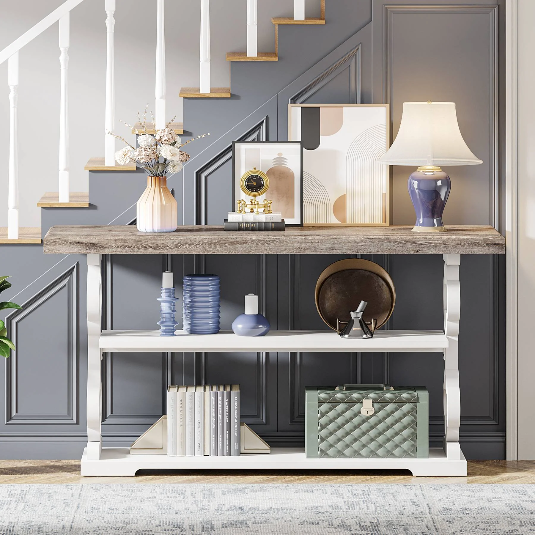 Farmhouse Console Table, 55" Entryway Sofa Table with Storage Shelves - Image 5
