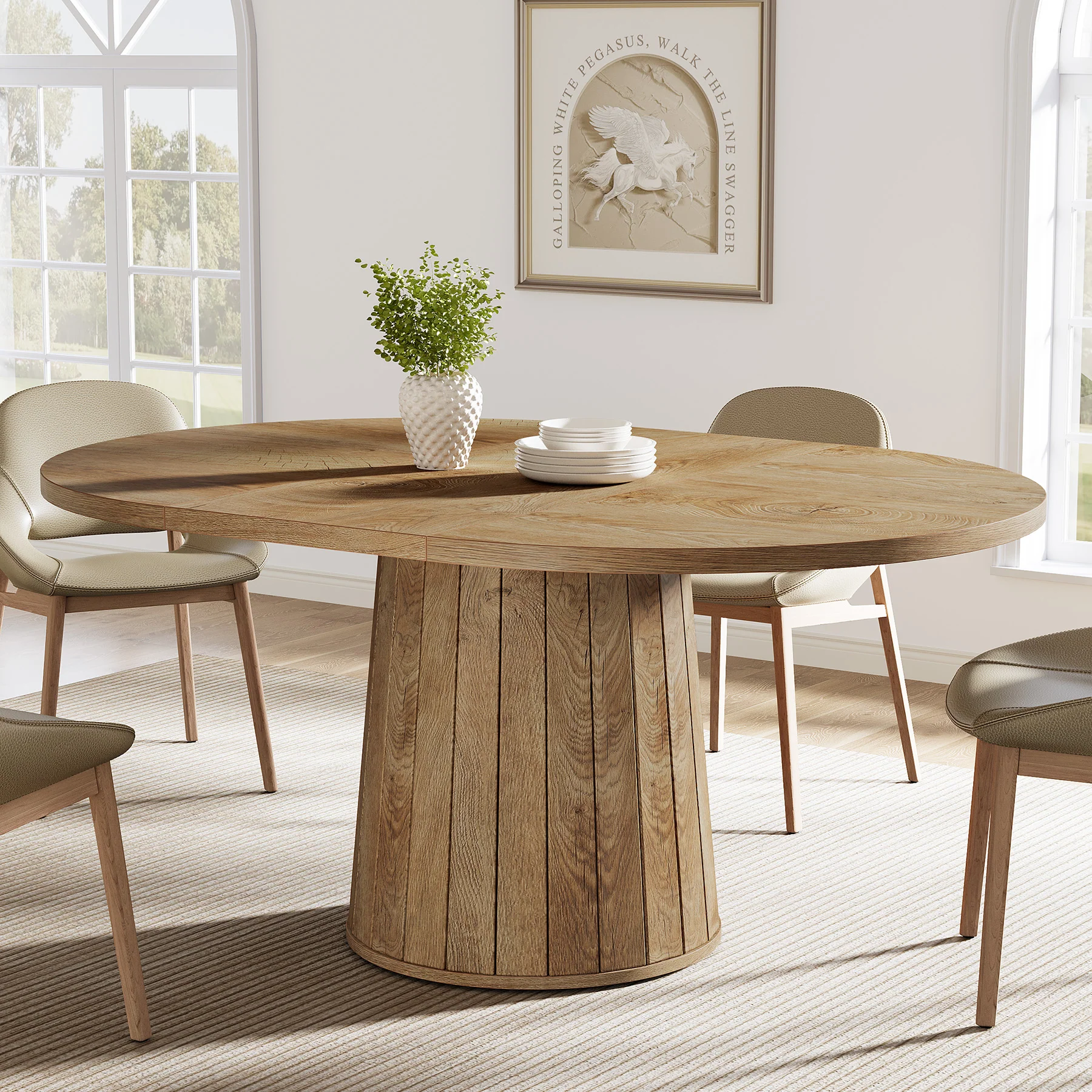 55" Dining Table, Oval Kitchen Dinner Table with Cylindrical Pedestal - Image 11