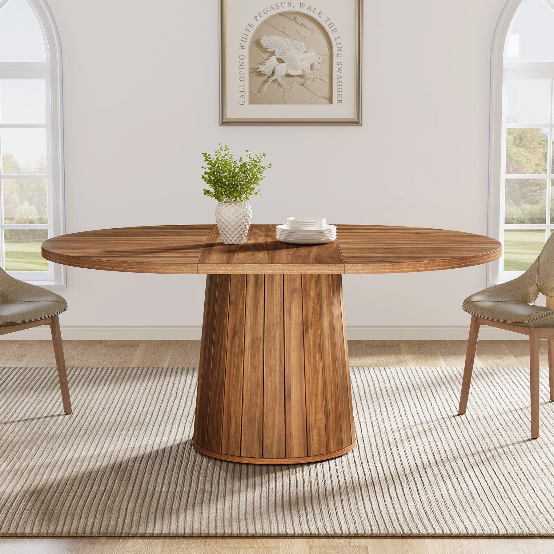 55" Dining Table, Oval Kitchen Dinner Table with Cylindrical Pedestal - Image 3