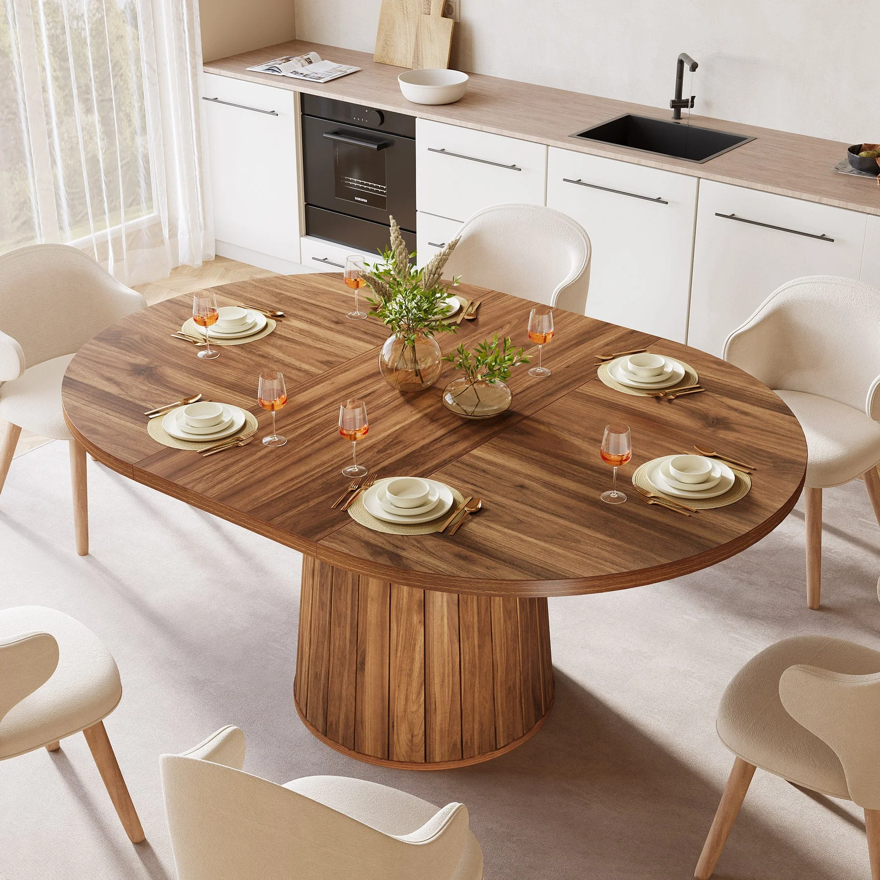 55" Dining Table, Oval Kitchen Dinner Table with Cylindrical Pedestal - Image 4